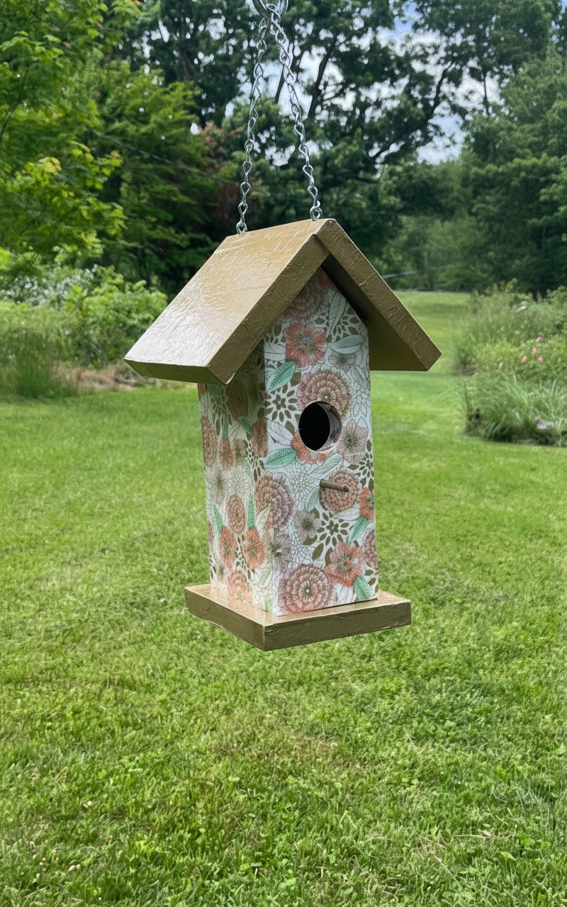 Handmade Gold Floral Wooden Birdhouse