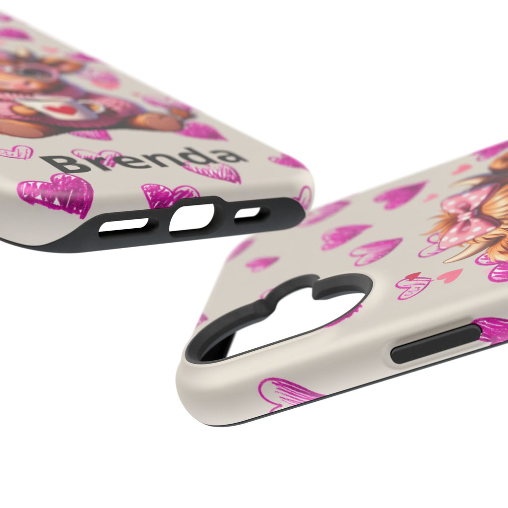 Highland Cow With Pink Hearts iPhone Case, Valentines Magnetic Impact-Resistant Case
