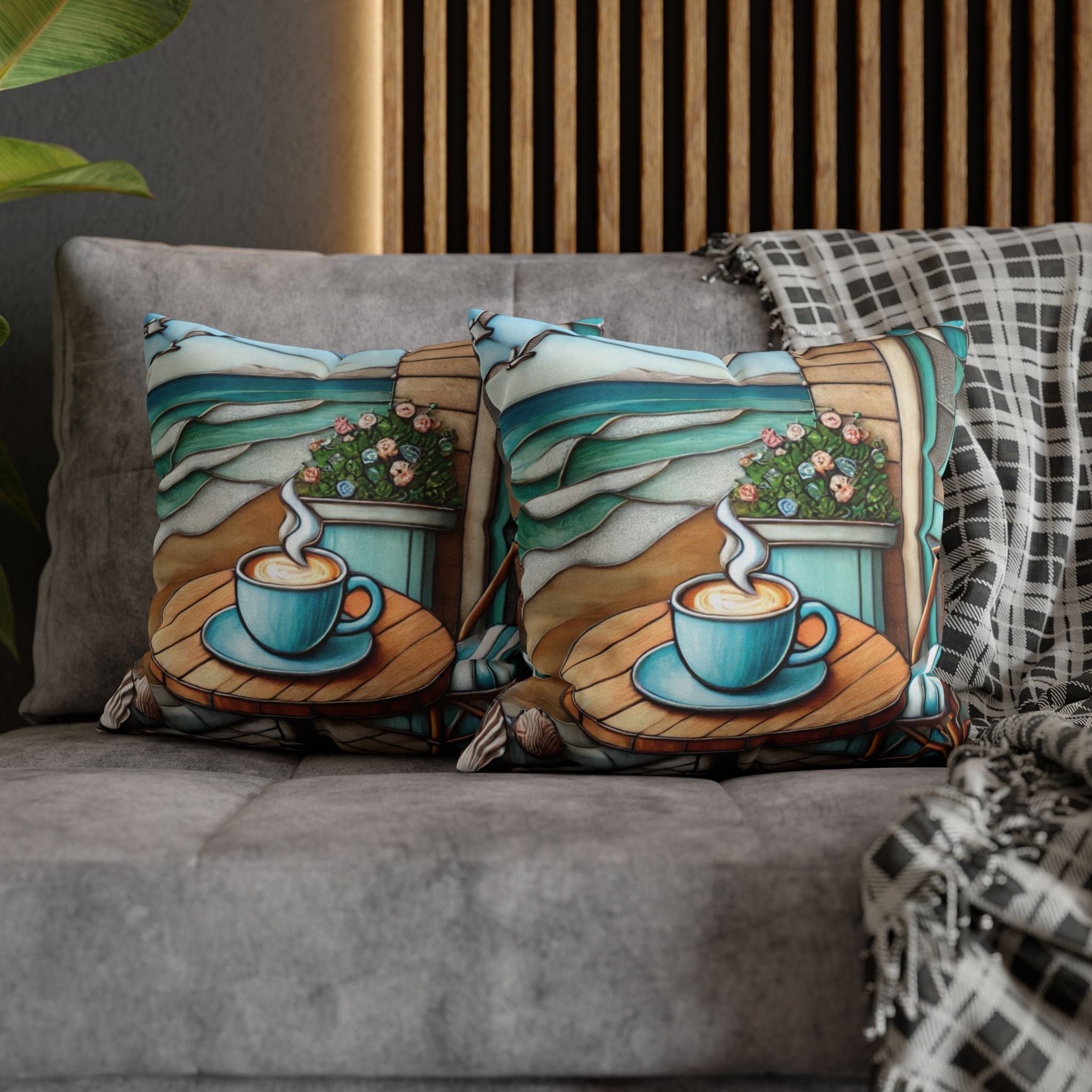 Cozy Beach Vibes Coffee Themed Throw Pillow Cover, Coastal Java Inspired Stained Glass Pillowcase