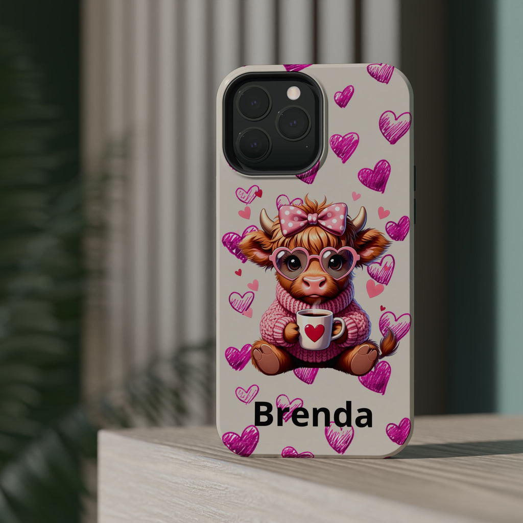 Highland Cow With Pink Hearts iPhone Case, Valentines Magnetic Impact-Resistant Case