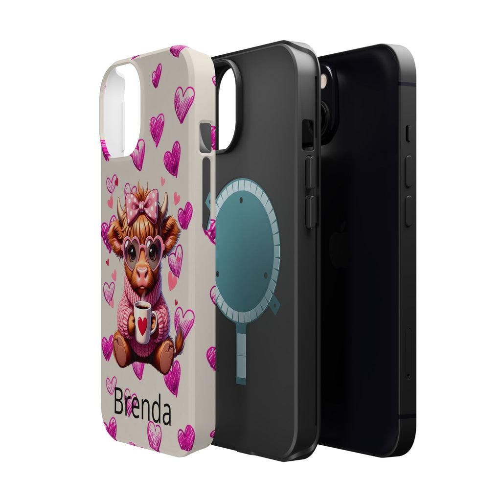 Highland Cow With Pink Hearts iPhone Case, Valentines Magnetic Impact-Resistant Case