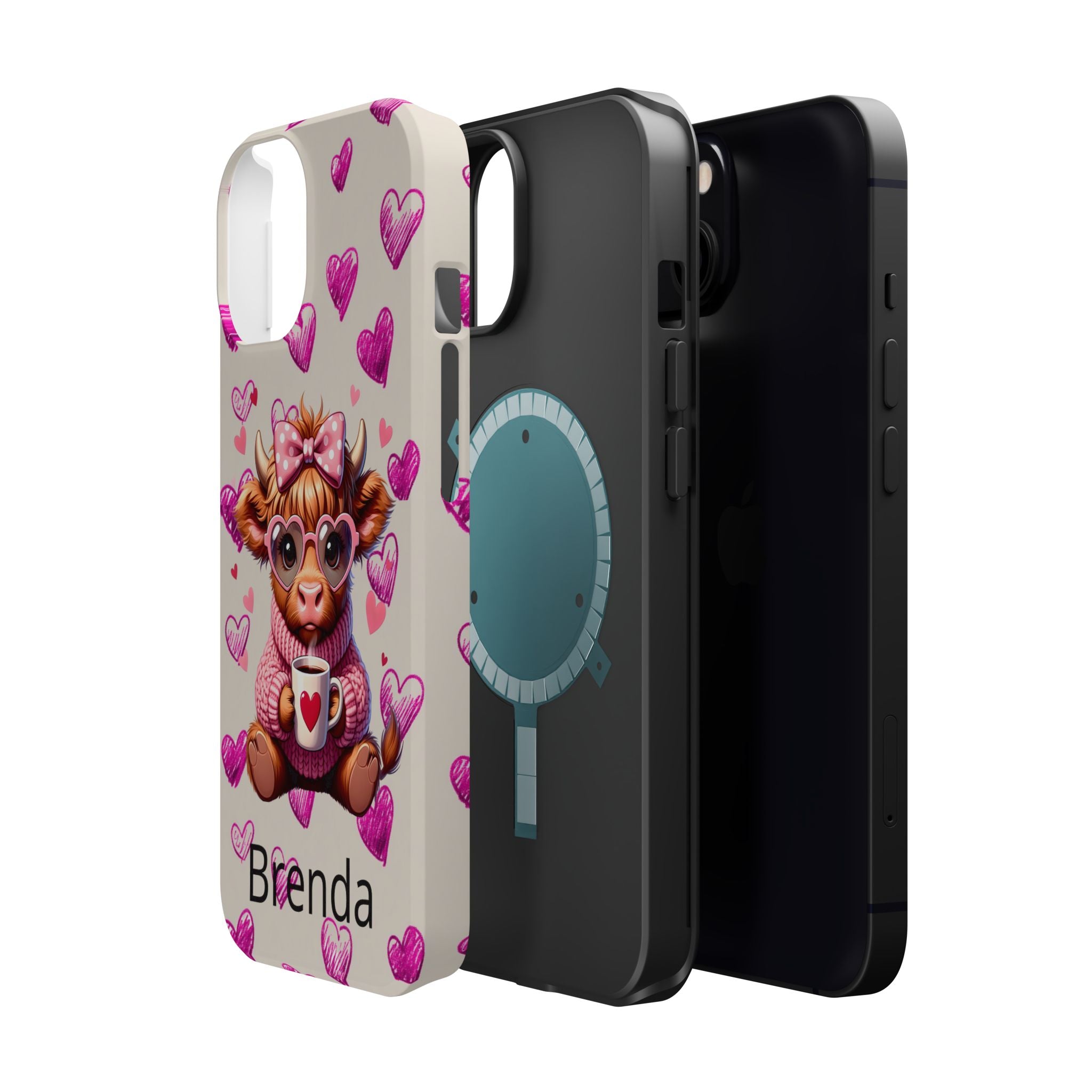 Highland Cow With Pink Hearts iPhone Case, Valentines Magnetic Impact-Resistant Case