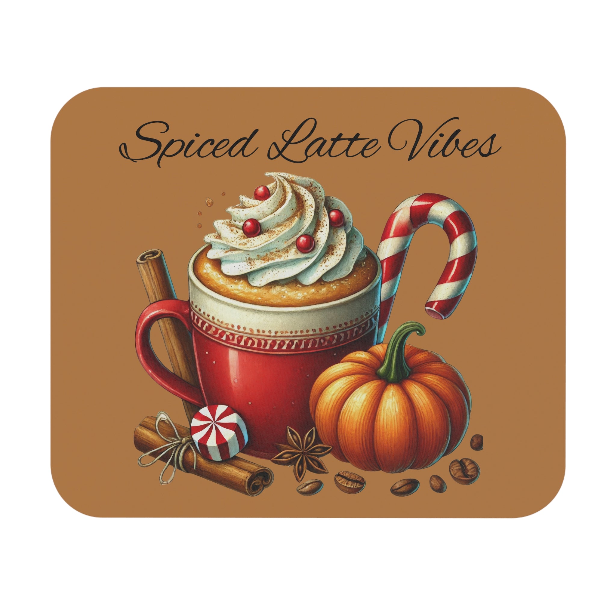 Spiced Latte Vibes Mouse Pad, Cozy Office Decor, Coffee Lover Fall Gift, Holiday Desk Essentials, Caffeine Candy Canes & Cozy Vibes