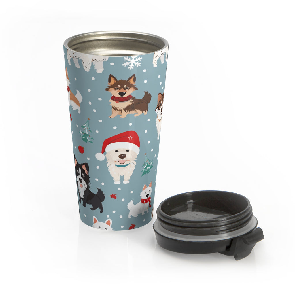 Holiday Puppy Pattern Stainless Steel Travel Mug — Cute Christmas Dogs Design