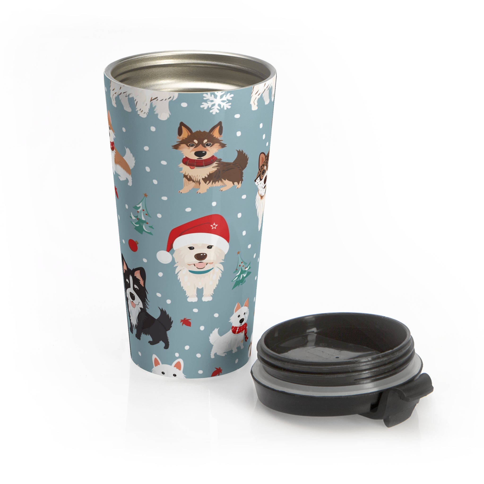 Holiday Puppy Pattern Stainless Steel Travel Mug — Cute Christmas Dogs Design