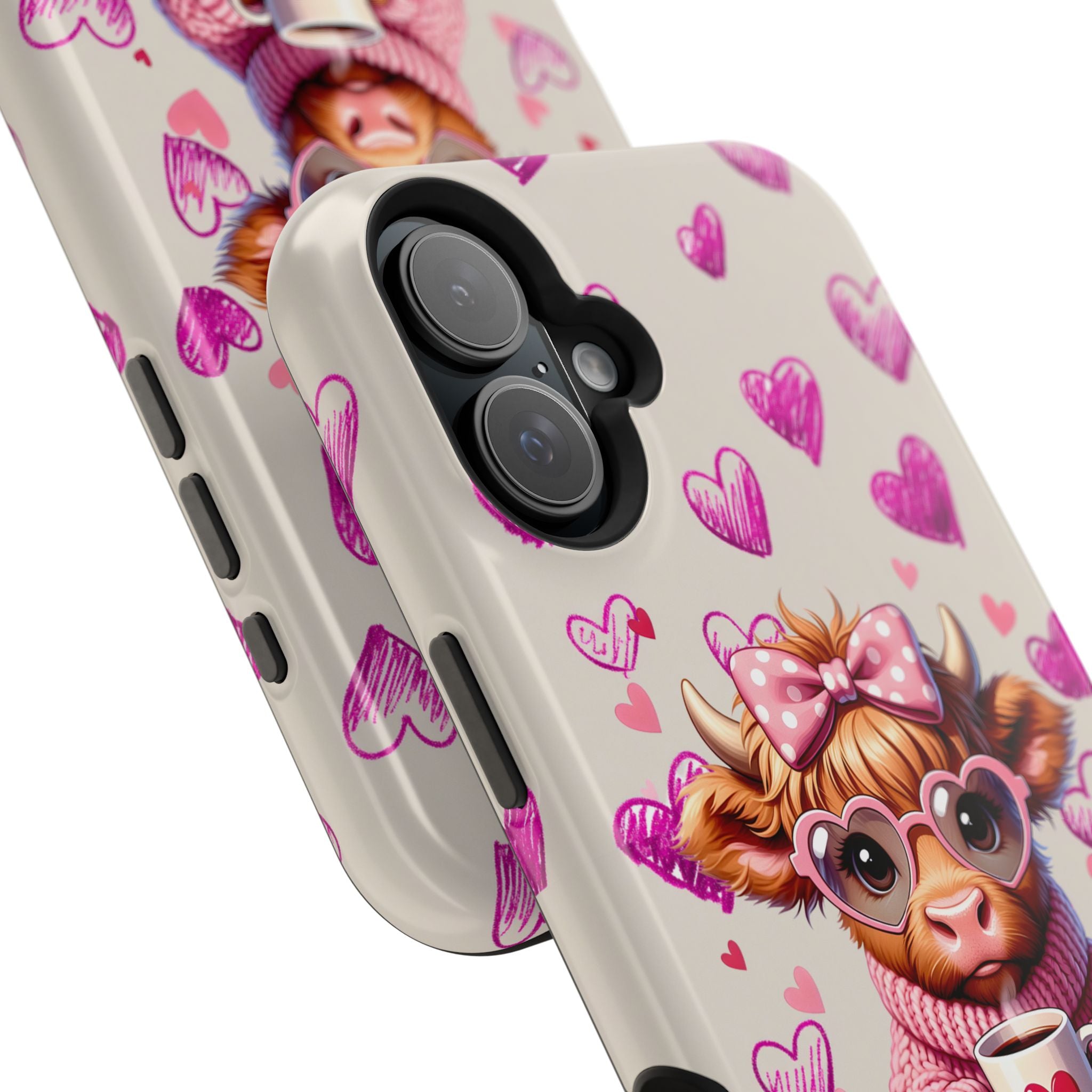 Highland Cow With Pink Hearts iPhone Case, Valentines Magnetic Impact-Resistant Case