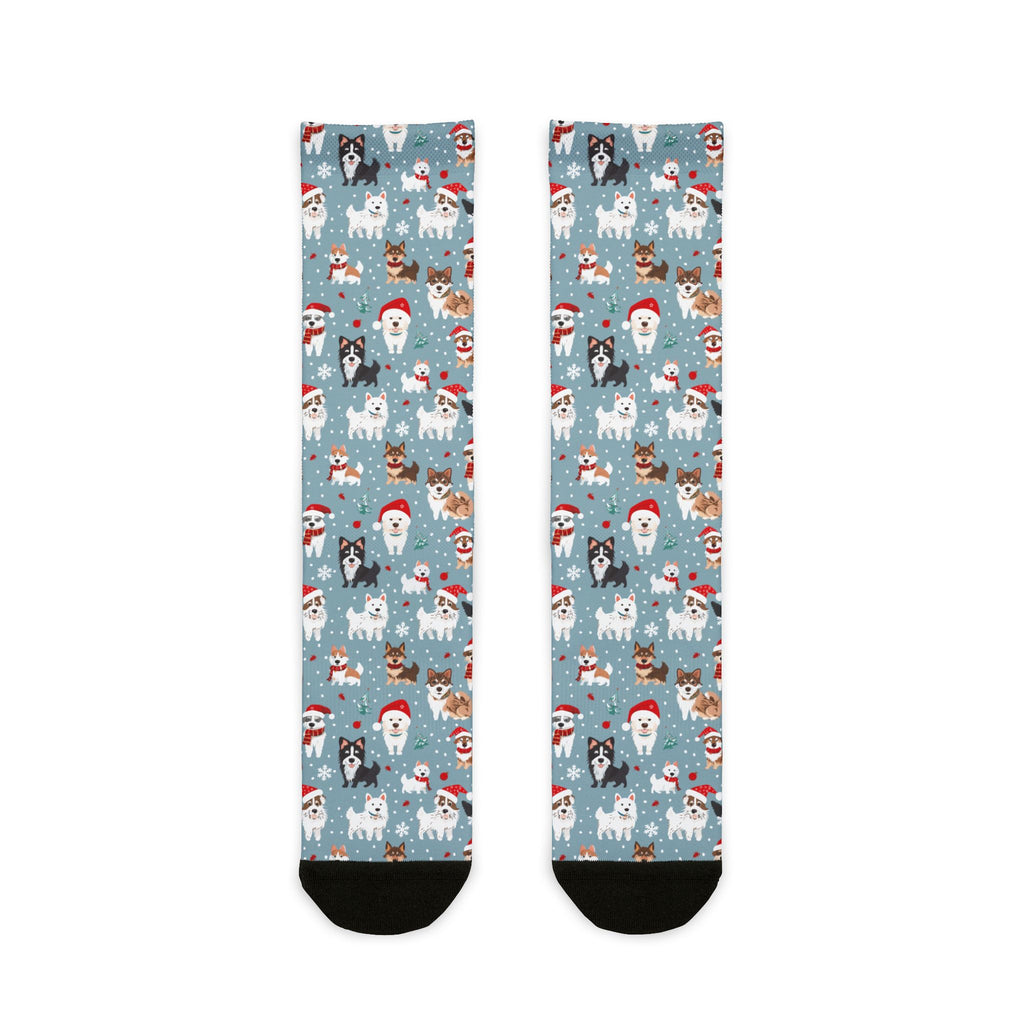 Christmas Dog Pattern Crew Socks — Holiday Huskies & Santa Pups Sublimation Socks