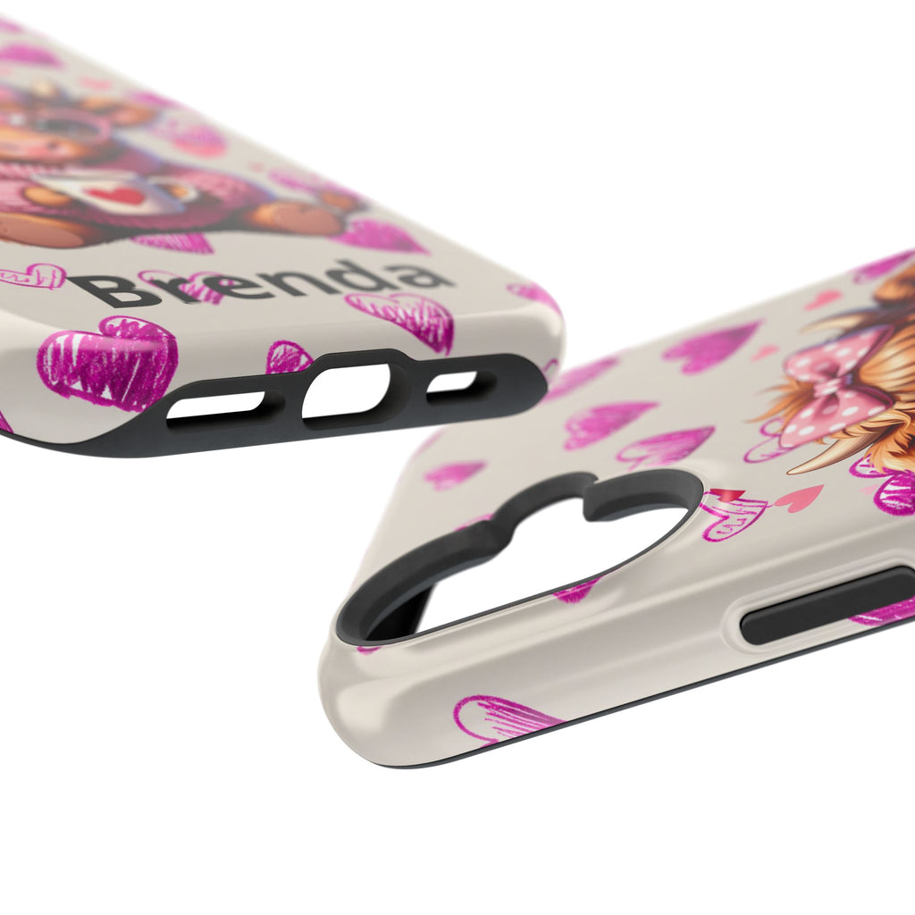 Highland Cow With Pink Hearts iPhone Case, Valentines Magnetic Impact-Resistant Case