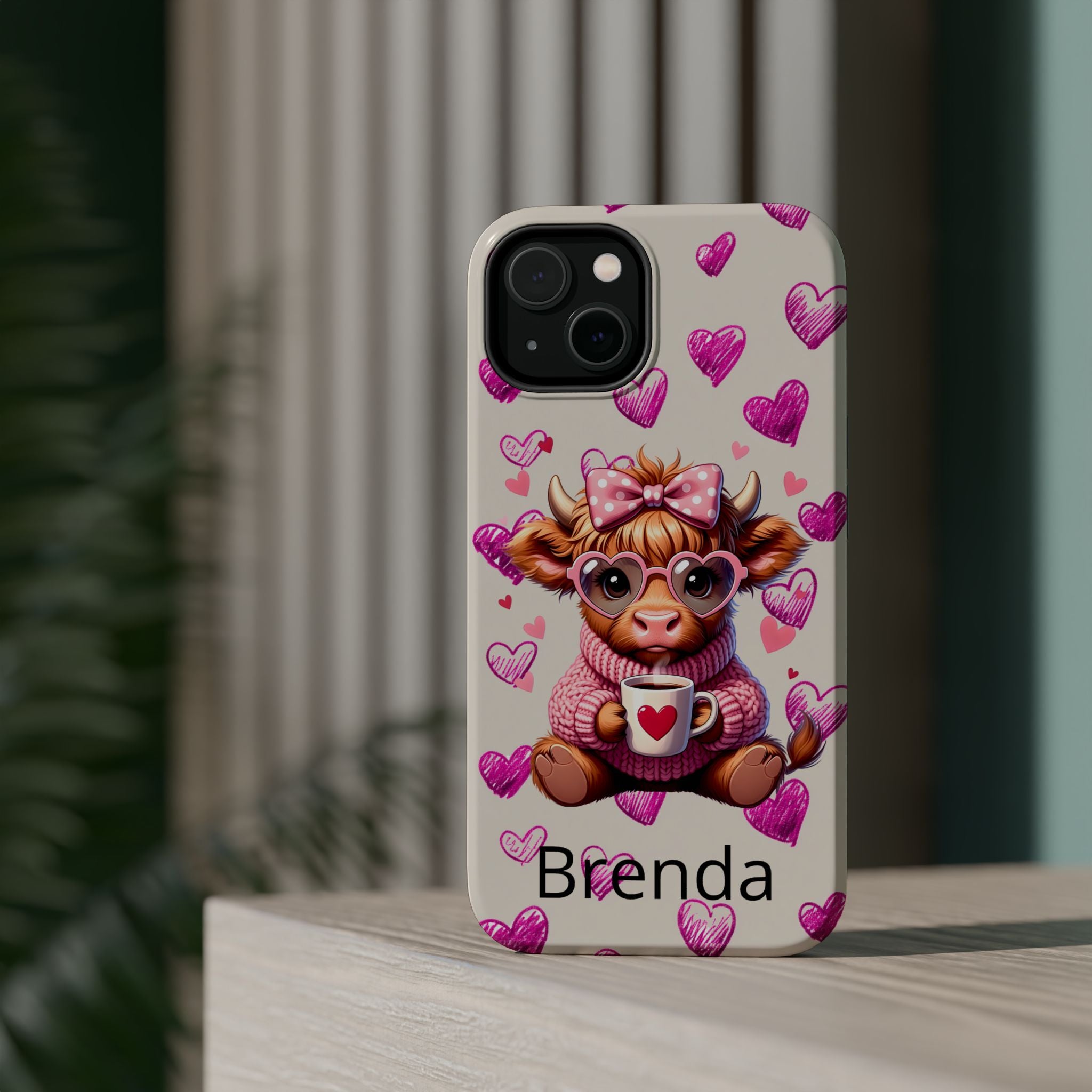 Highland Cow With Pink Hearts iPhone Case, Valentines Magnetic Impact-Resistant Case