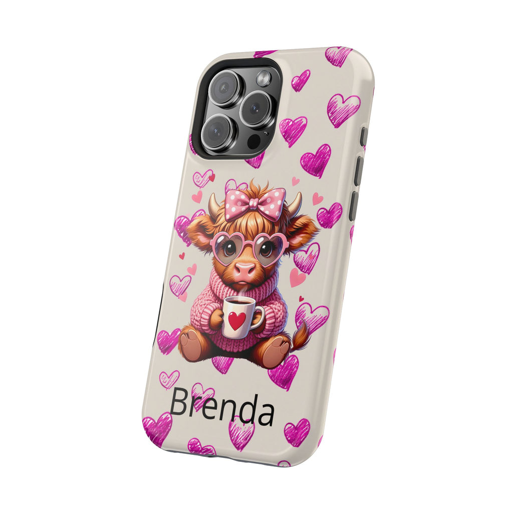 Highland Cow With Pink Hearts iPhone Case, Valentines Magnetic Impact-Resistant Case