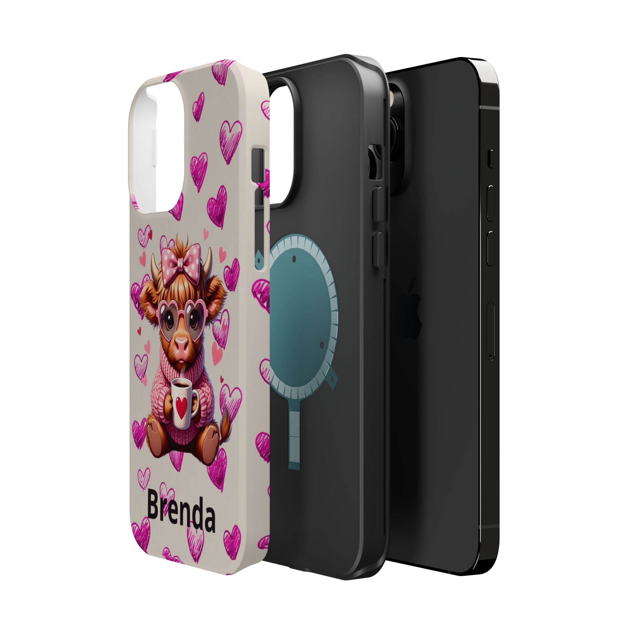 Highland Cow With Pink Hearts iPhone Case, Valentines Magnetic Impact-Resistant Case