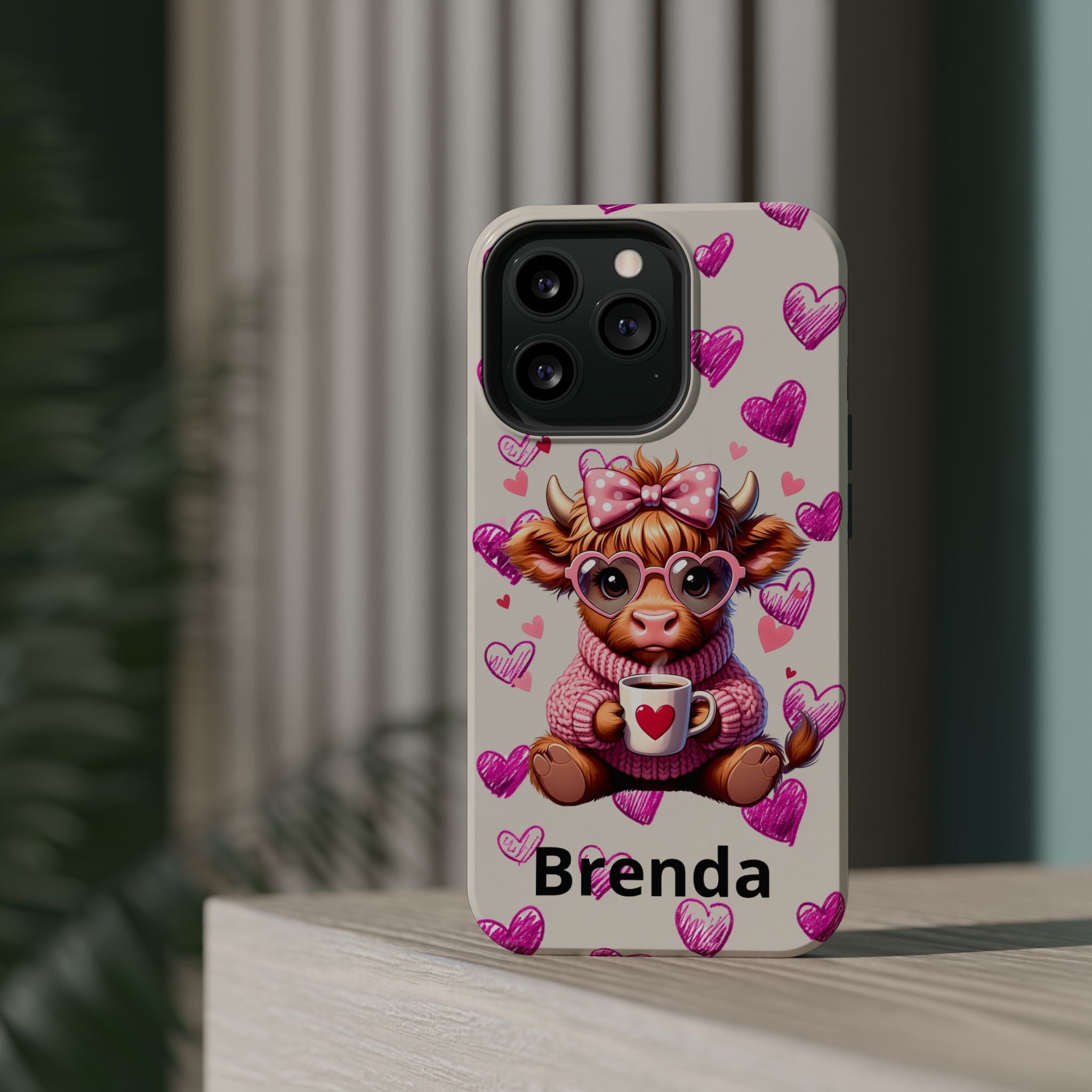 Highland Cow With Pink Hearts iPhone Case, Valentines Magnetic Impact-Resistant Case