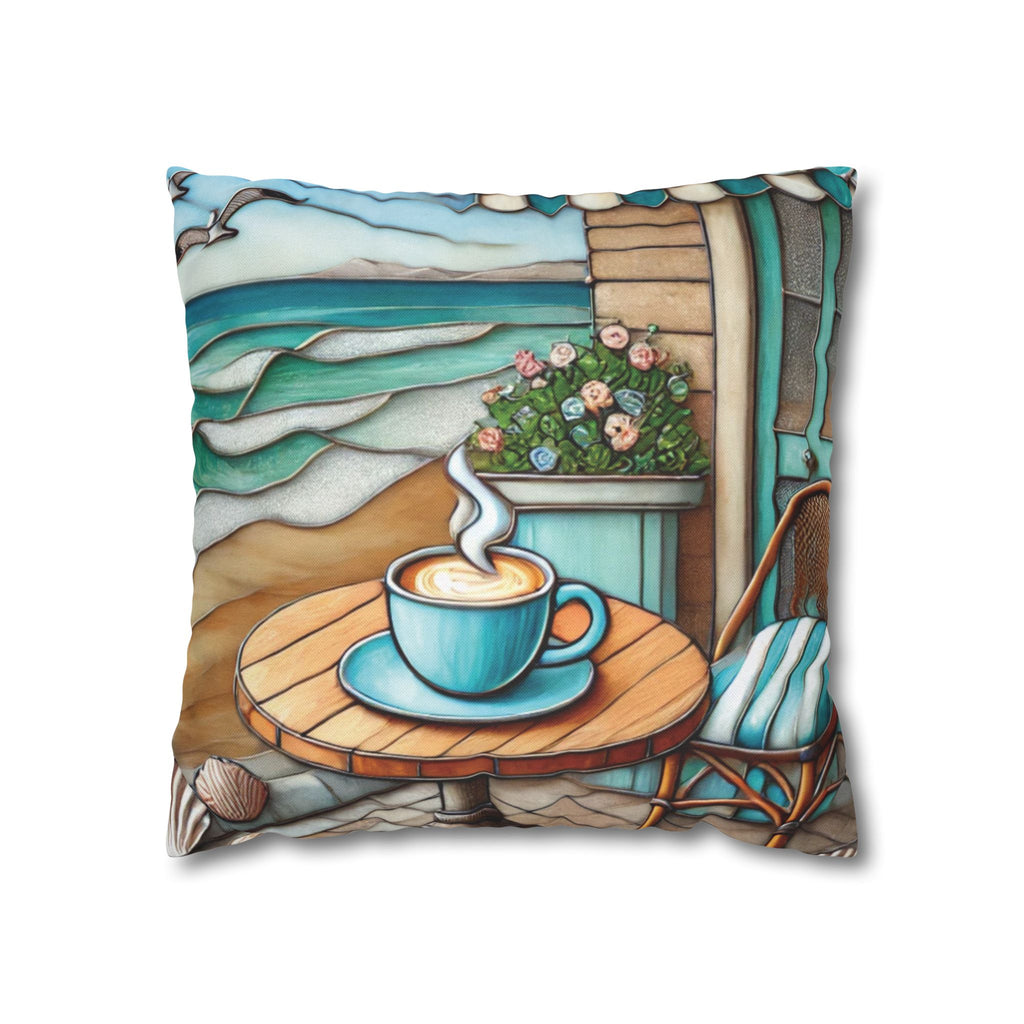 Cozy Beach Vibes Coffee Themed Throw Pillow Cover, Coastal Java Inspired Stained Glass Pillowcase