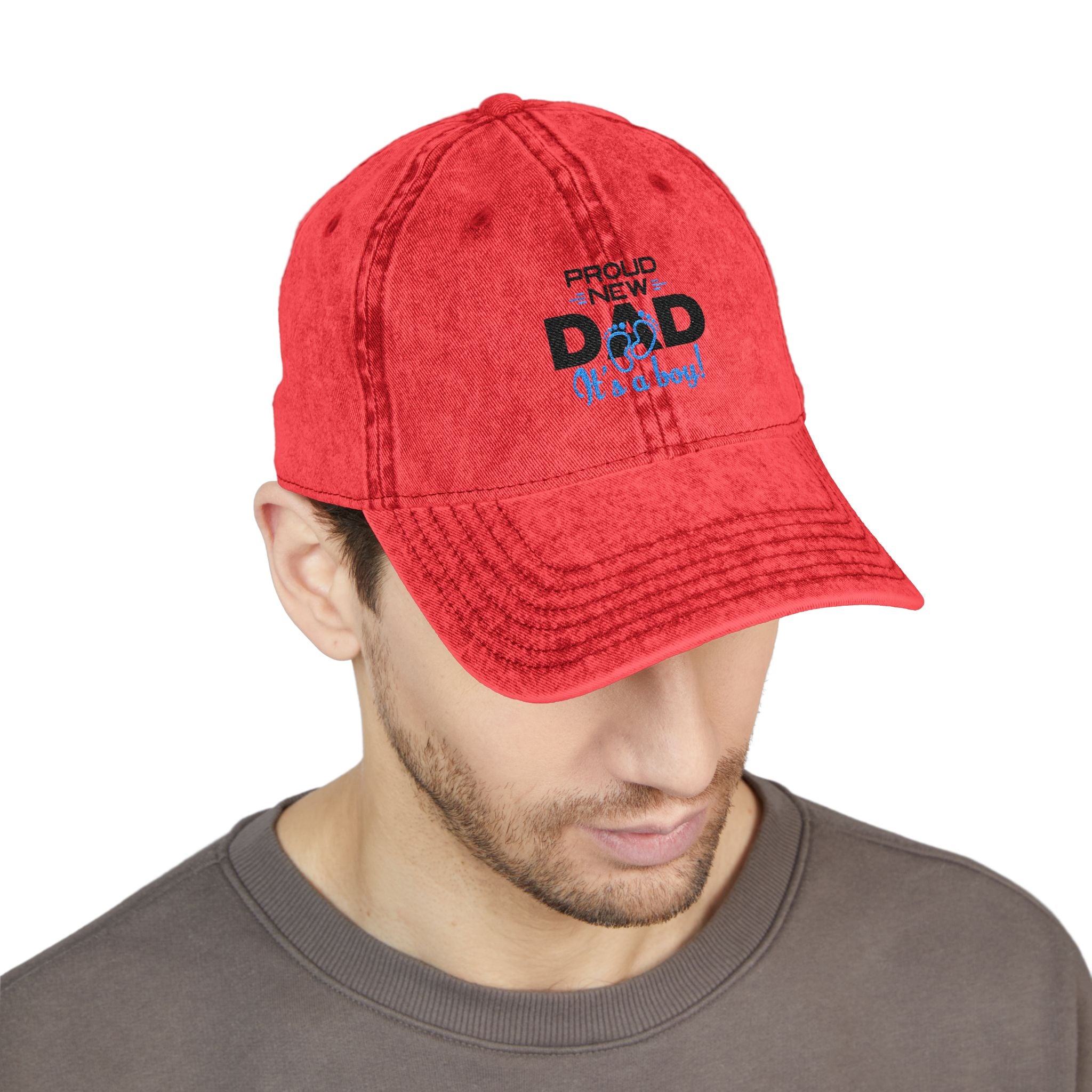 Vintage Embroidered 'Proud New Dad' Cap — Distressed Red Baseball Hat