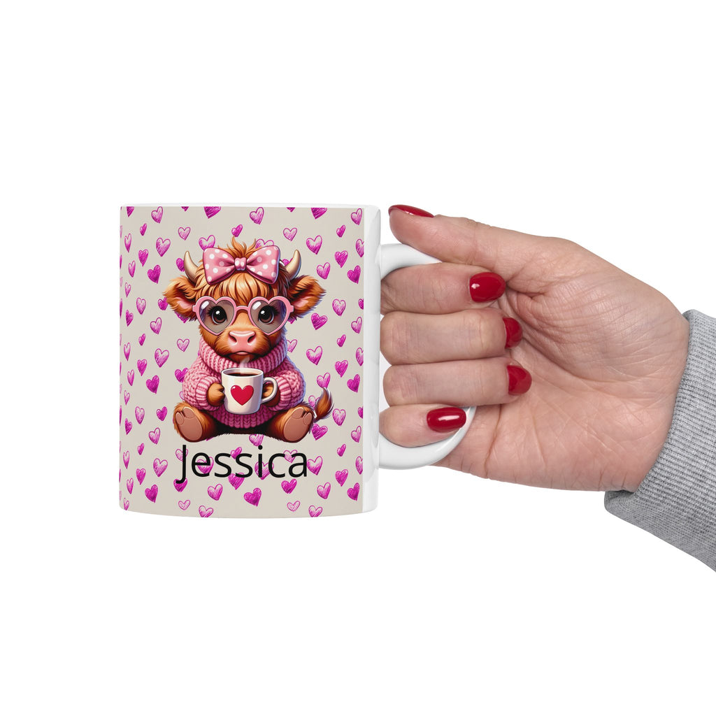 Custom Highland Cow With Pink Hearts Mug, Personalized Valentine Ceramic Coffee Cup