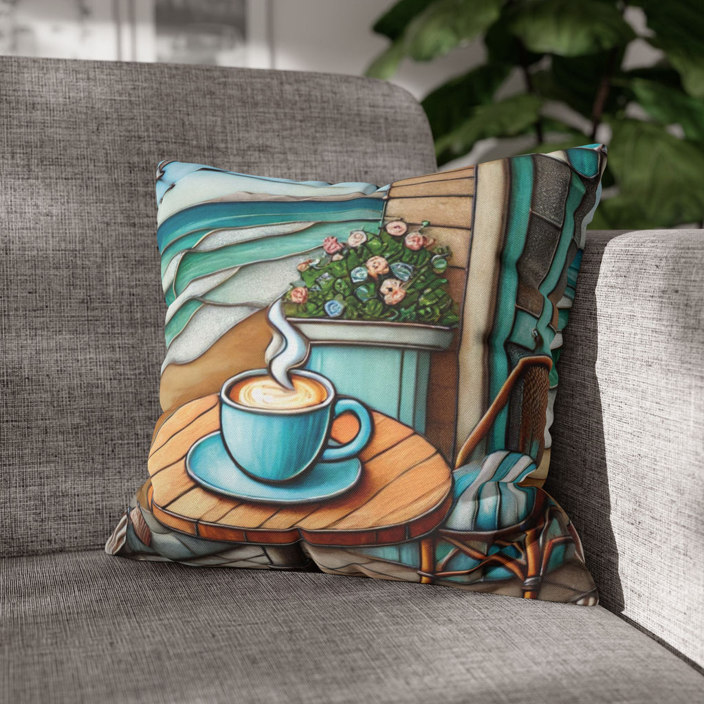 Cozy Beach Vibes Coffee Themed Throw Pillow Cover, Coastal Java Inspired Stained Glass Pillowcase