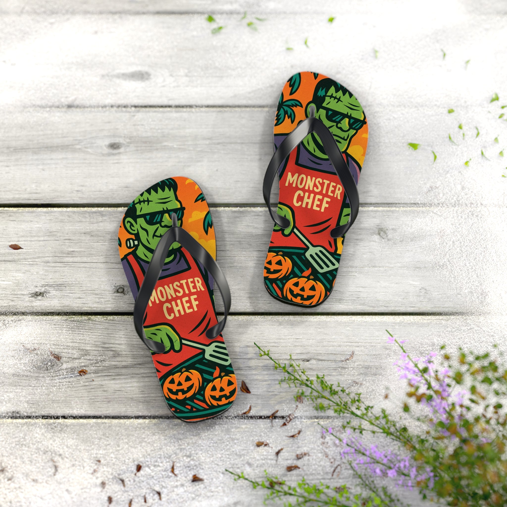 Halloween Monster Chef Flip Flops – Vibrant Summerween Sandals