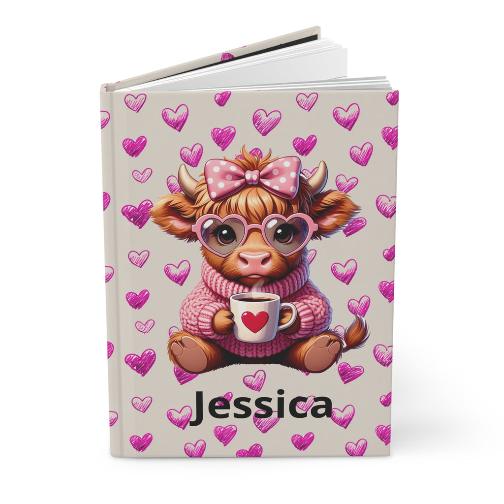 Personalized Highland Cow with Hearts Hardcover Journal, Custom Valentines Diary Notebook