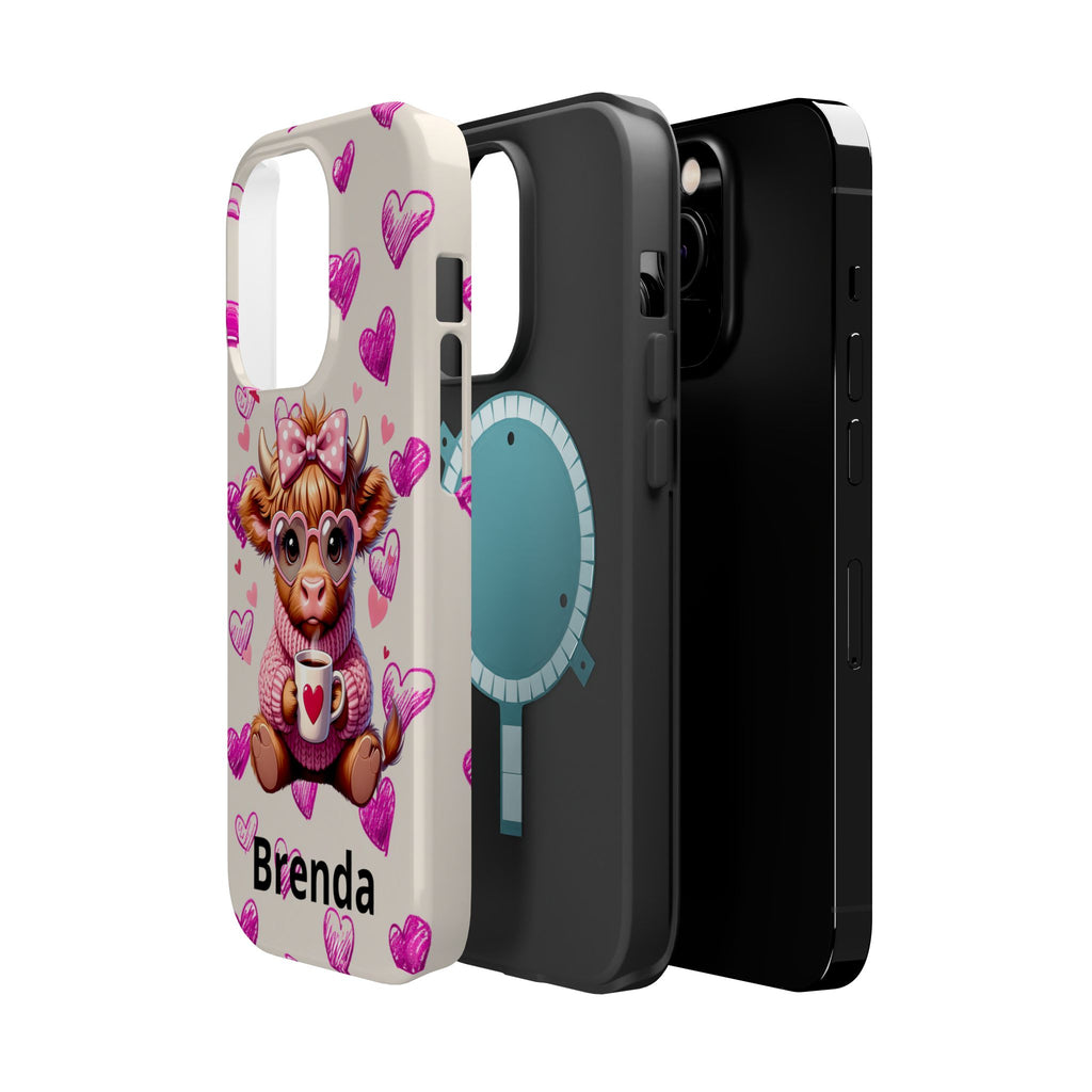 Highland Cow With Pink Hearts iPhone Case, Valentines Magnetic Impact-Resistant Case