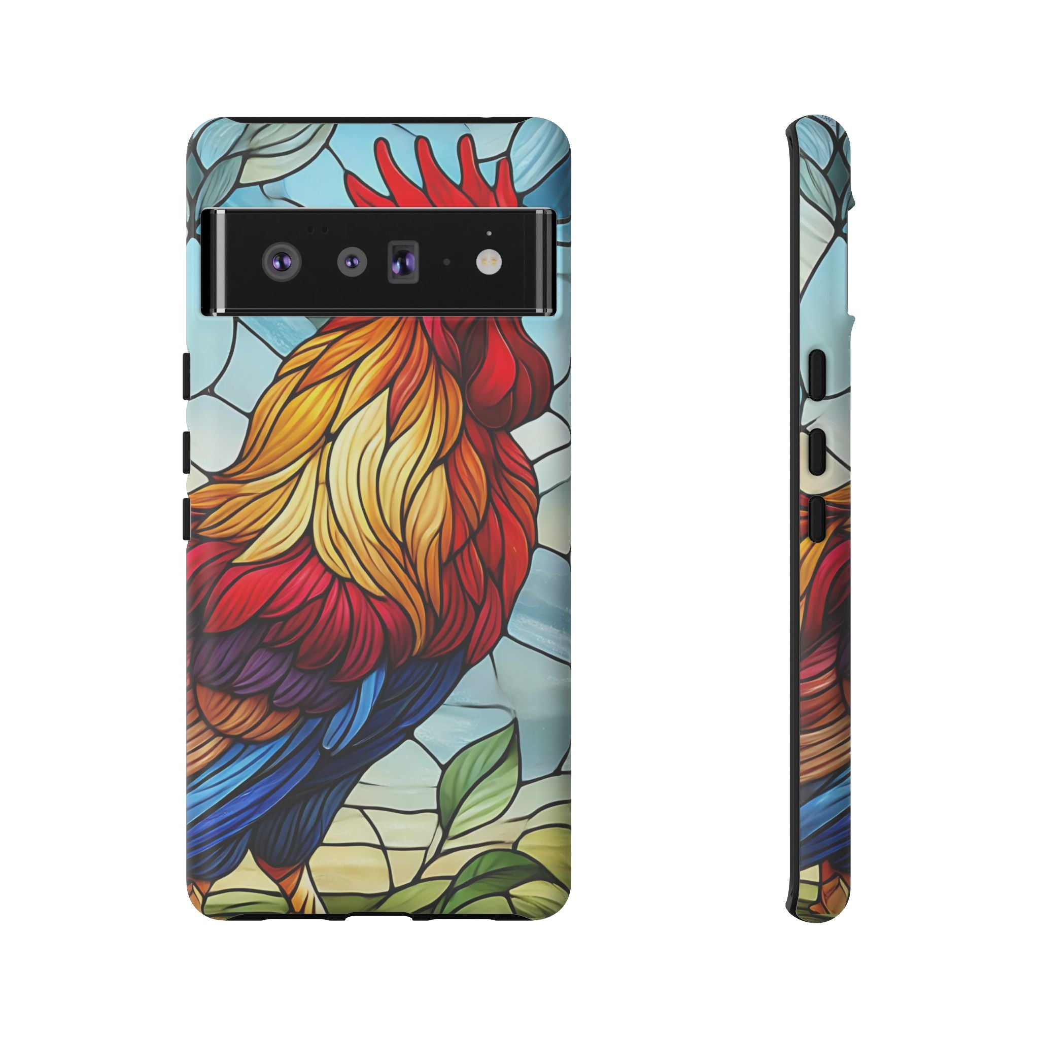 Rooster Faux Stained Glass Phone Case – 3D Full-Wrap Protective Cover with TPU Liner