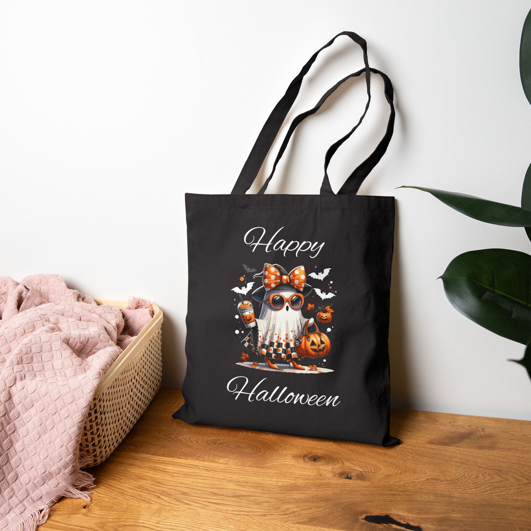 Cotton Canvas Halloween Trick or Treat Tote Bag, Fall Decor Reusable Shopping Bag Bougie Ghost Design Teacher Gift Sturdy Student Laptop Bag