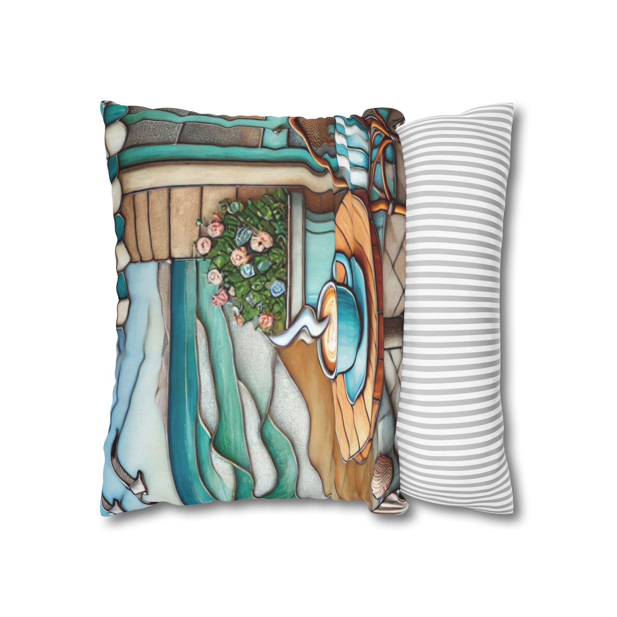 Cozy Beach Vibes Coffee Themed Throw Pillow Cover, Coastal Java Inspired Stained Glass Pillowcase