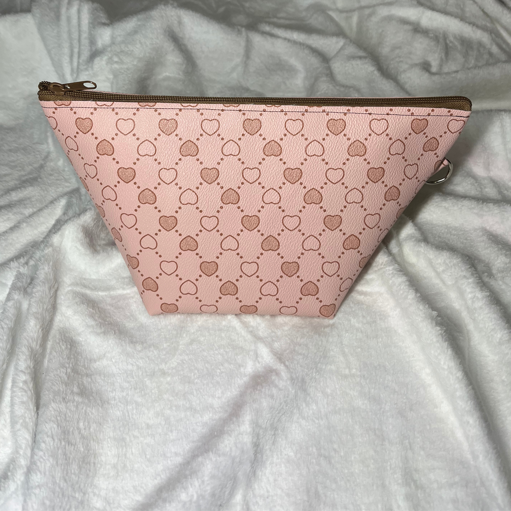 Faux Leather Heart Print Taupe Zipper Bag Set – Travel Cosmetic Pouches & Makeup Organizer