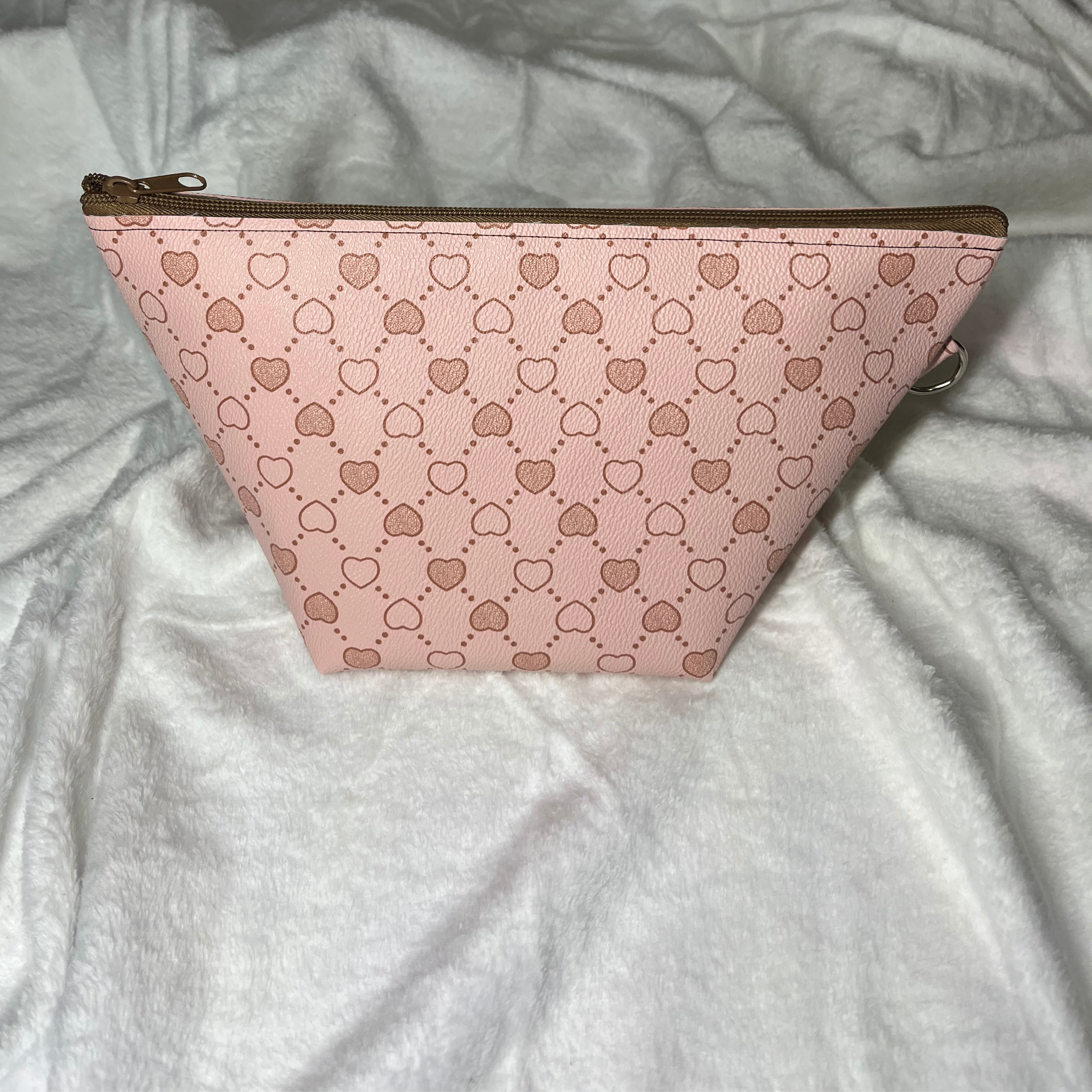 Faux Leather Heart Print Taupe Zipper Bag Set – Travel Cosmetic Pouches & Makeup Organizer