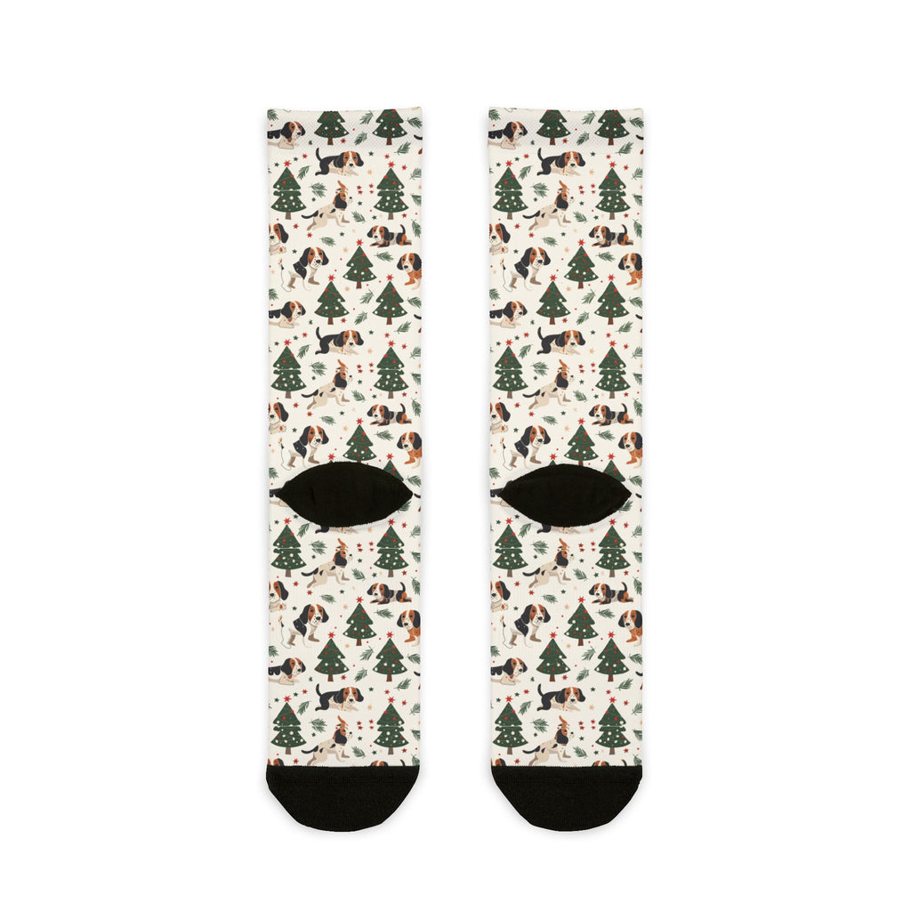 Christmas Woodland Dogs Crew Socks — Cute Holiday Trees & Beagles Sublimation Socks