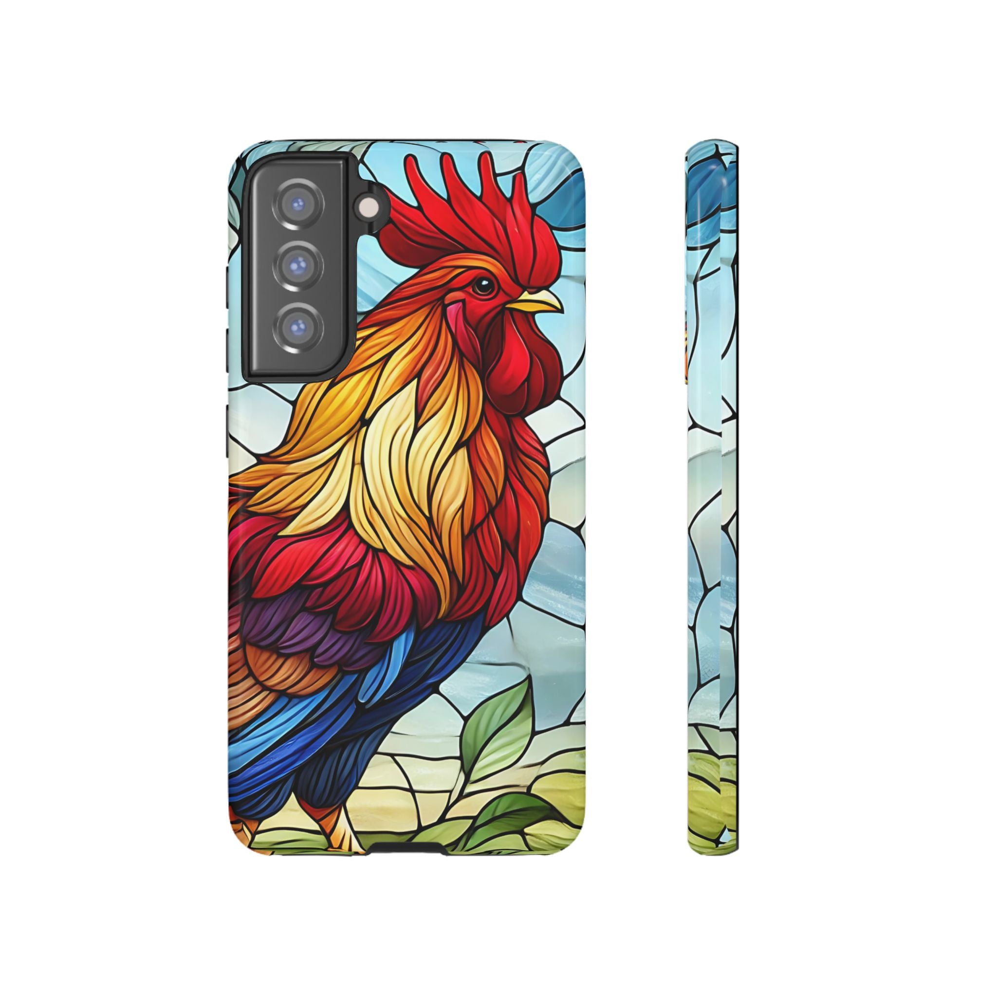 Rooster Faux Stained Glass Phone Case – 3D Full-Wrap Protective Cover with TPU Liner