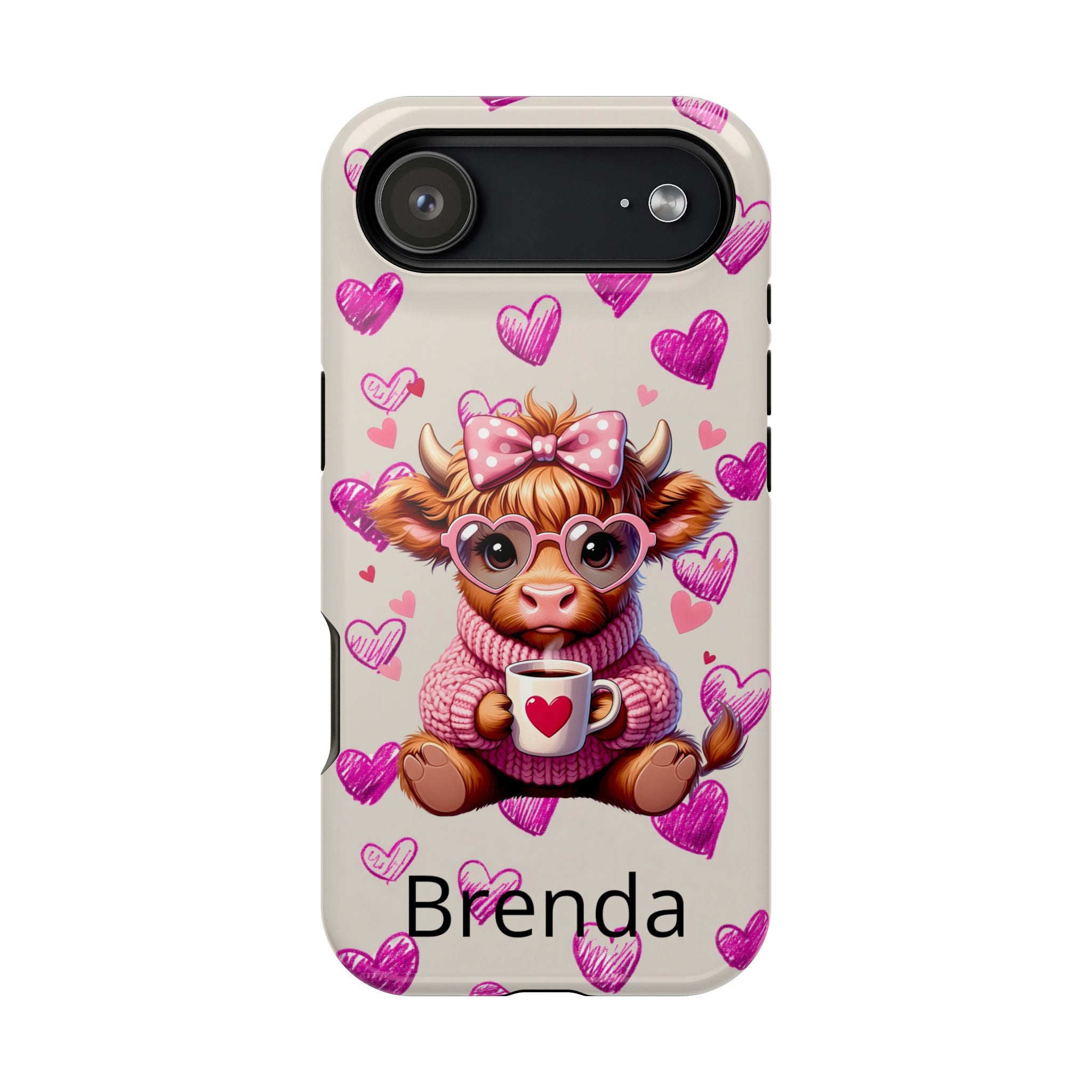 Highland Cow With Pink Hearts iPhone Case, Valentines Magnetic Impact-Resistant Case