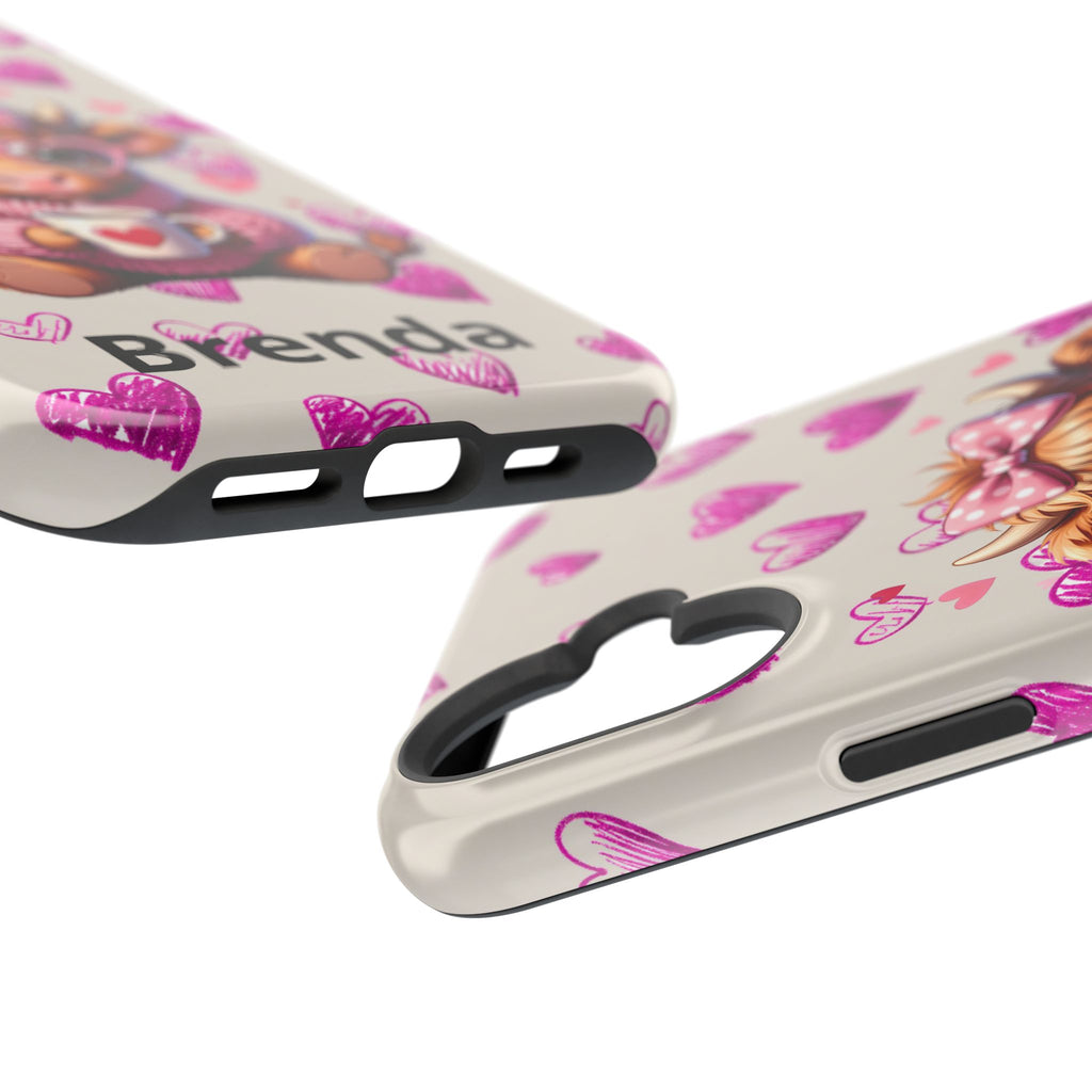 Highland Cow With Pink Hearts iPhone Case, Valentines Magnetic Impact-Resistant Case