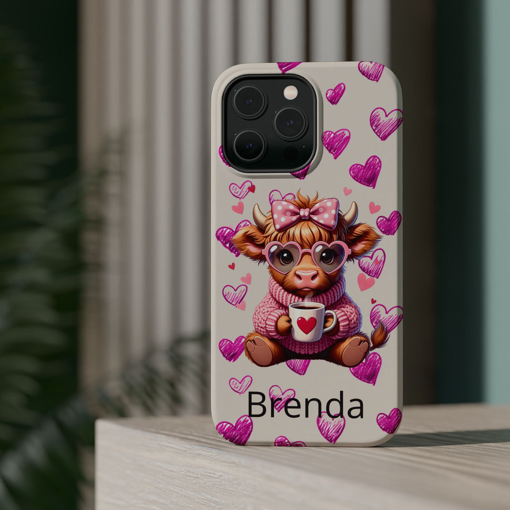 Highland Cow With Pink Hearts iPhone Case, Valentines Magnetic Impact-Resistant Case