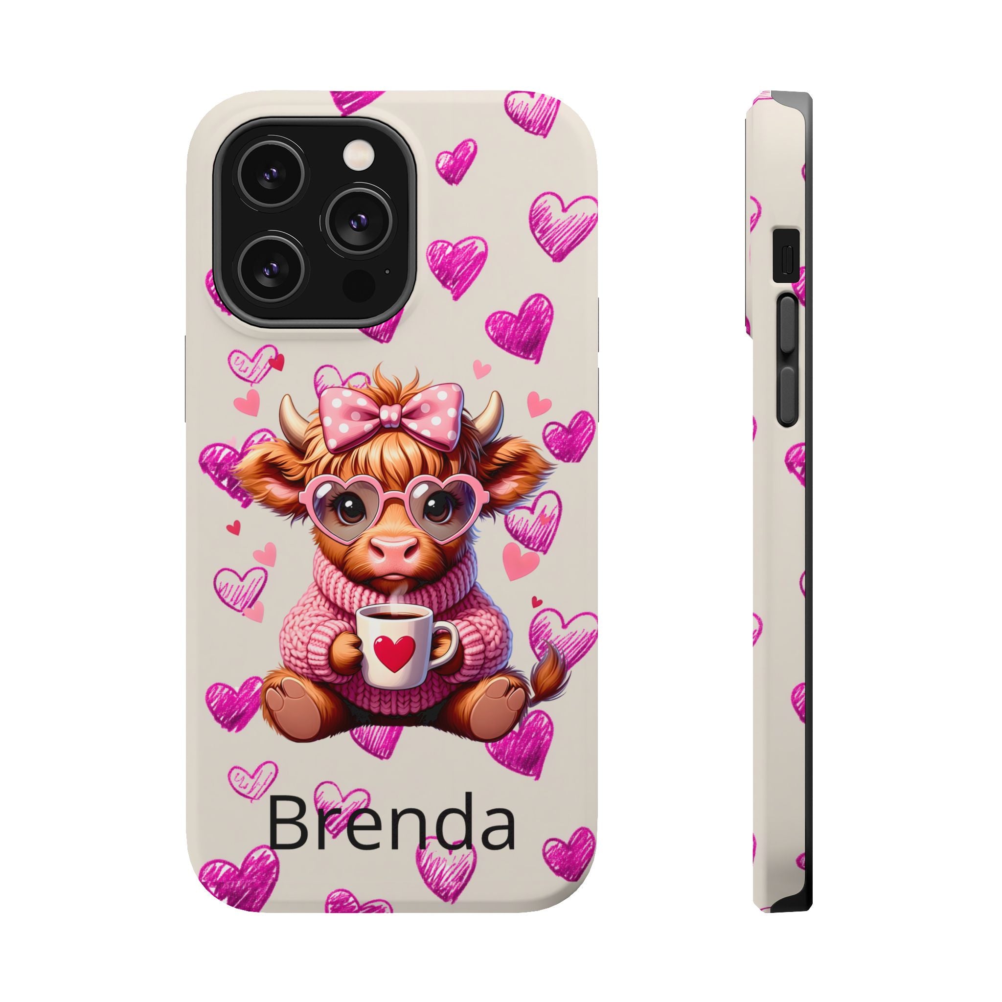 Highland Cow With Pink Hearts iPhone Case, Valentines Magnetic Impact-Resistant Case