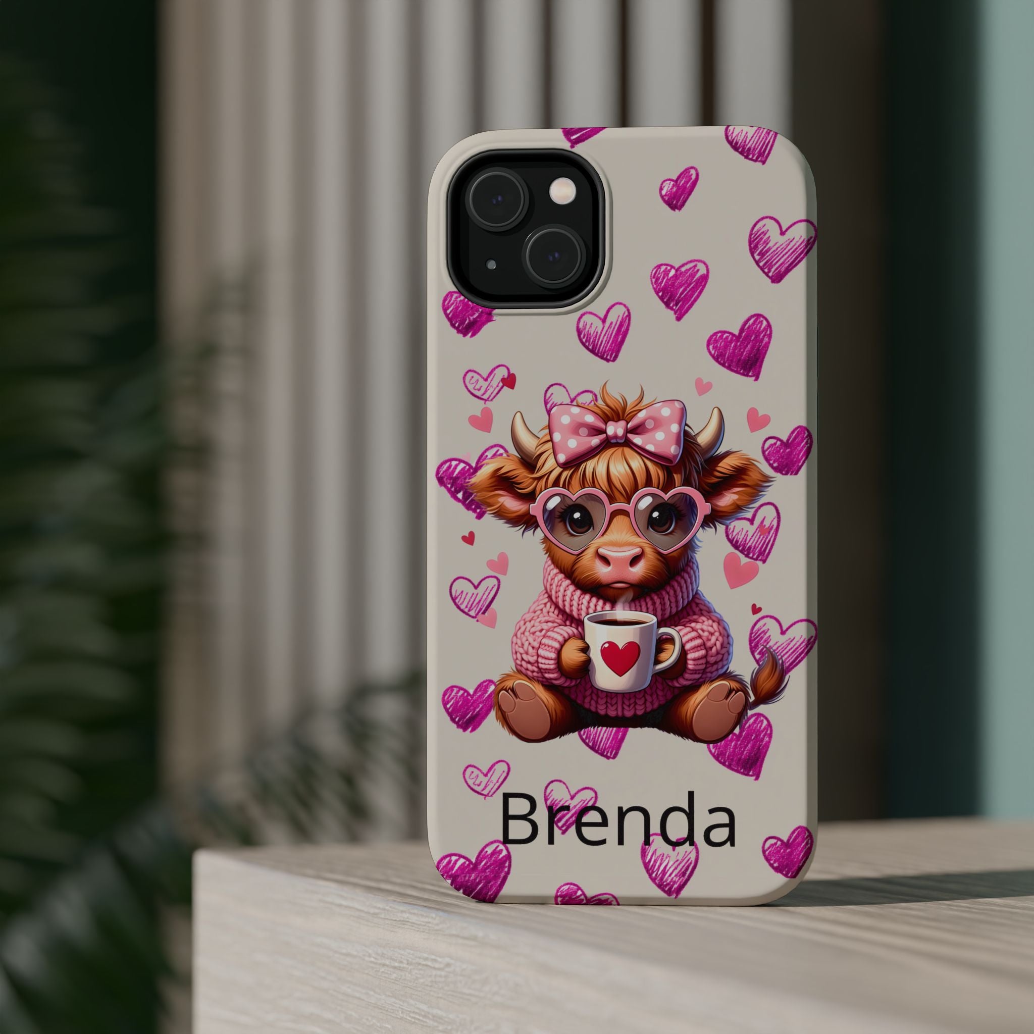 Highland Cow With Pink Hearts iPhone Case, Valentines Magnetic Impact-Resistant Case