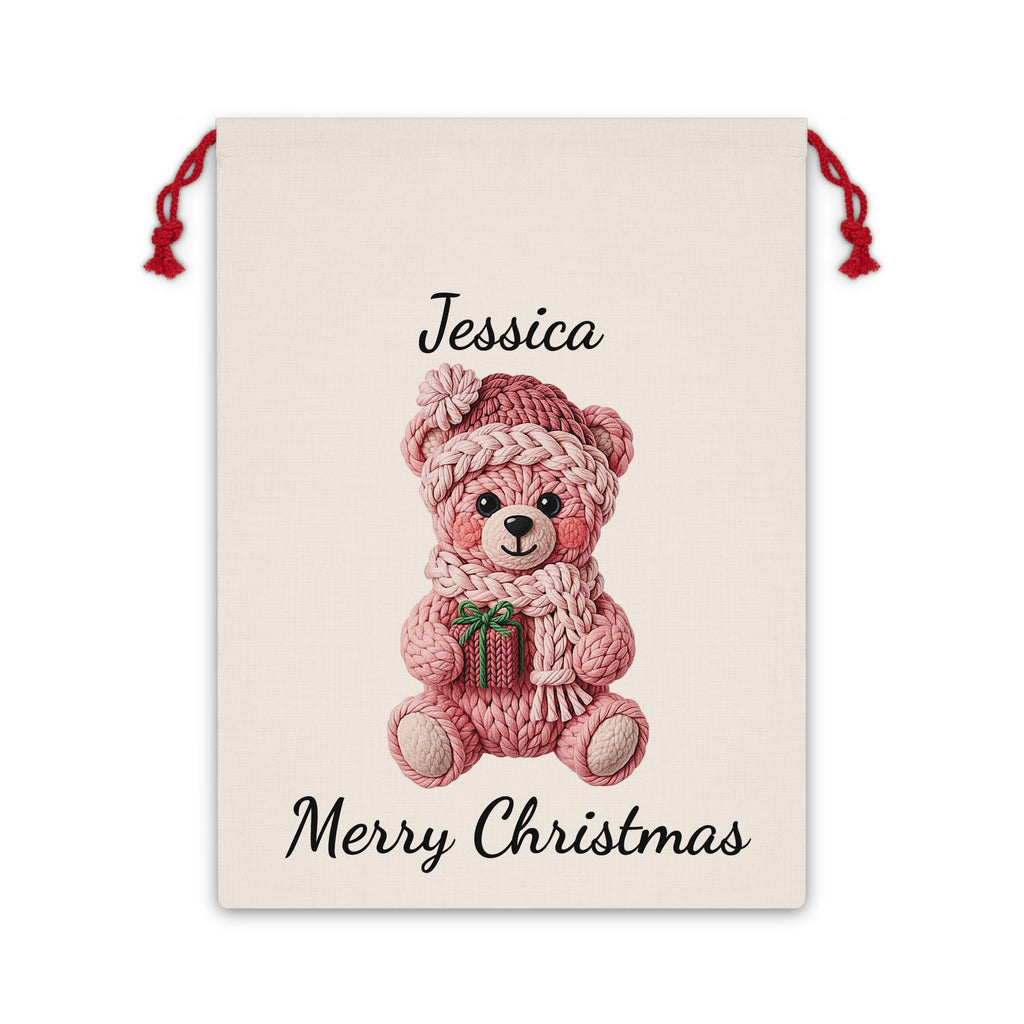 Custom Name Pink Teddy Bear Christmas Gift Bag – Faux Embroidery Santa Sack