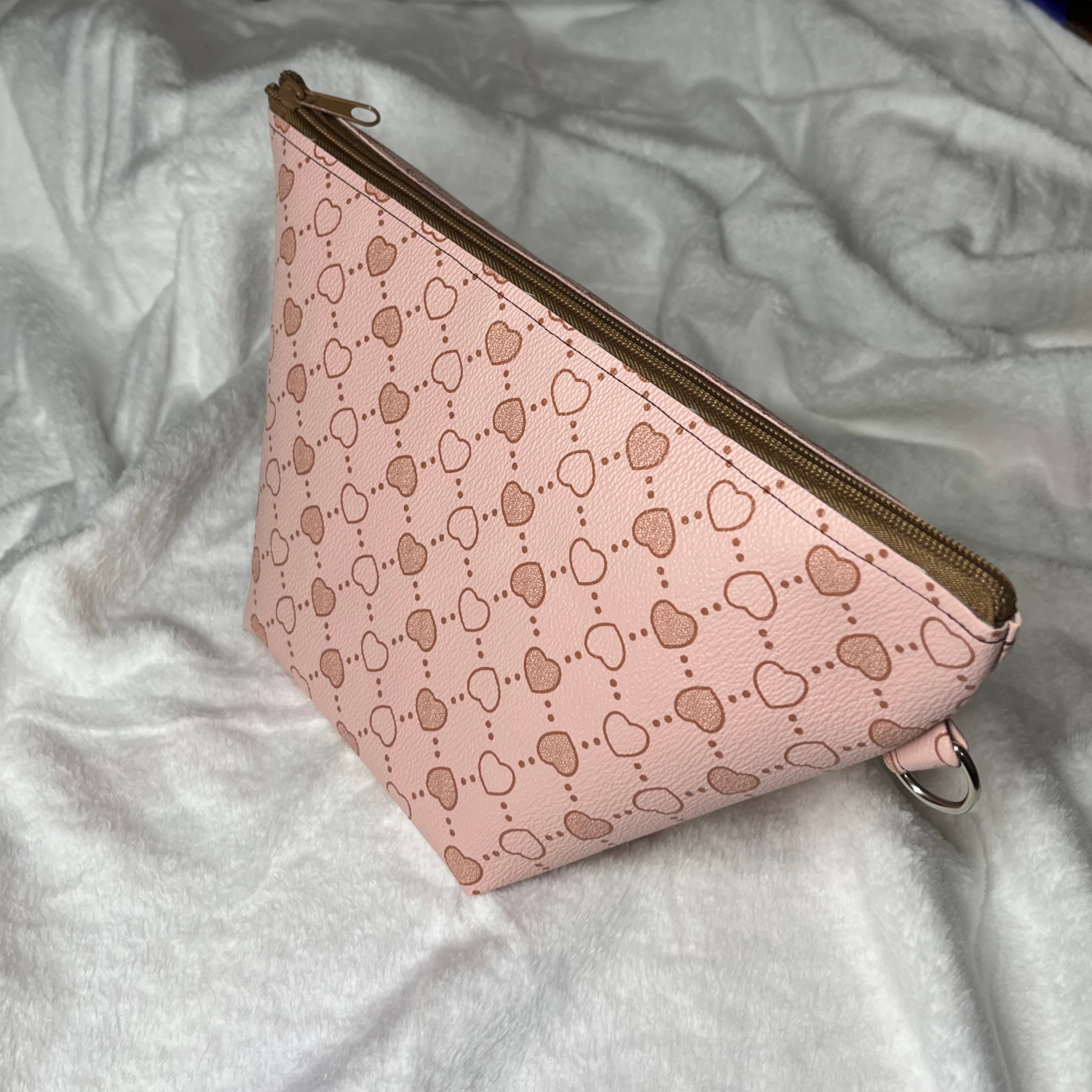 Faux Leather Heart Print Taupe Zipper Bag Set – Travel Cosmetic Pouches & Makeup Organizer