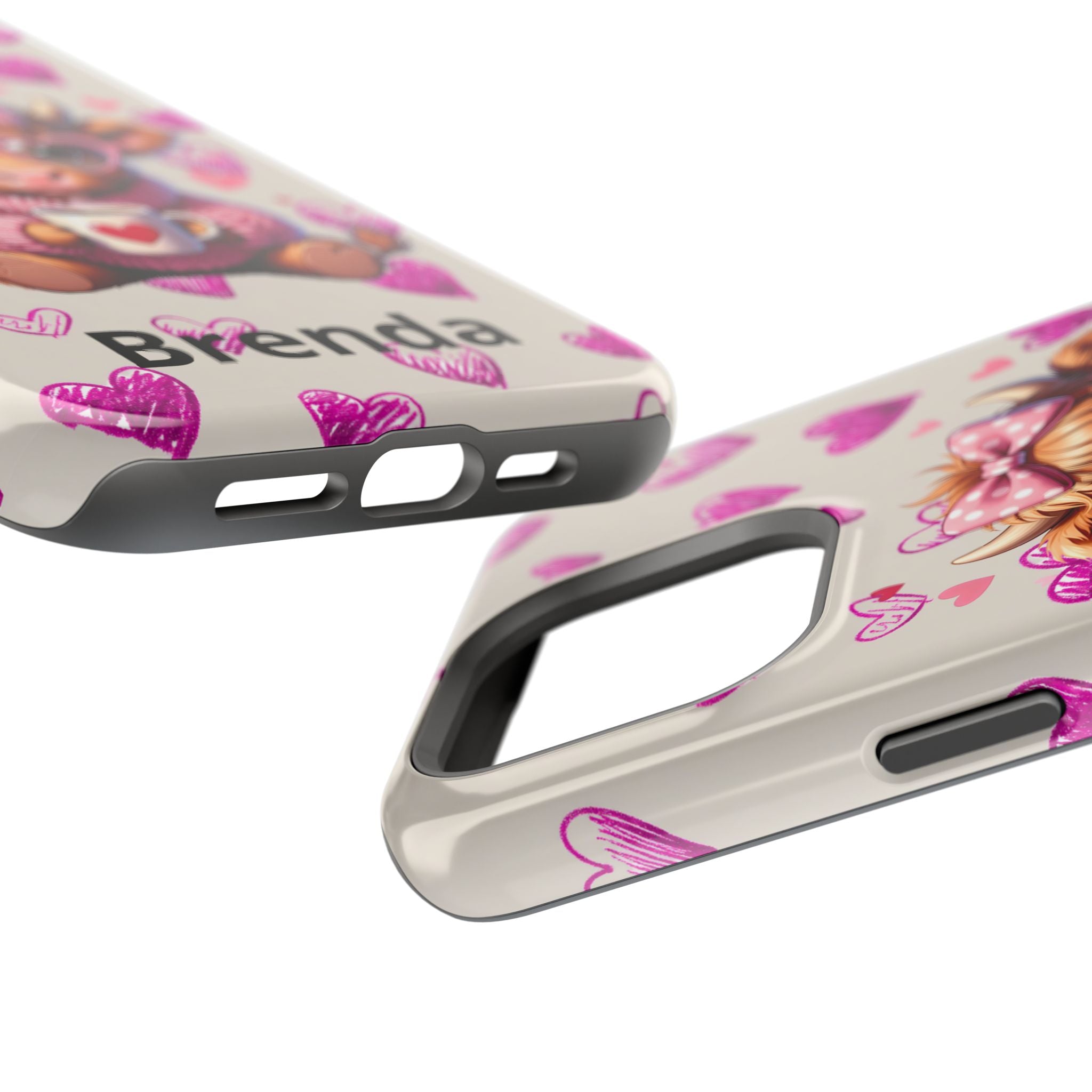 Highland Cow With Pink Hearts iPhone Case, Valentines Magnetic Impact-Resistant Case
