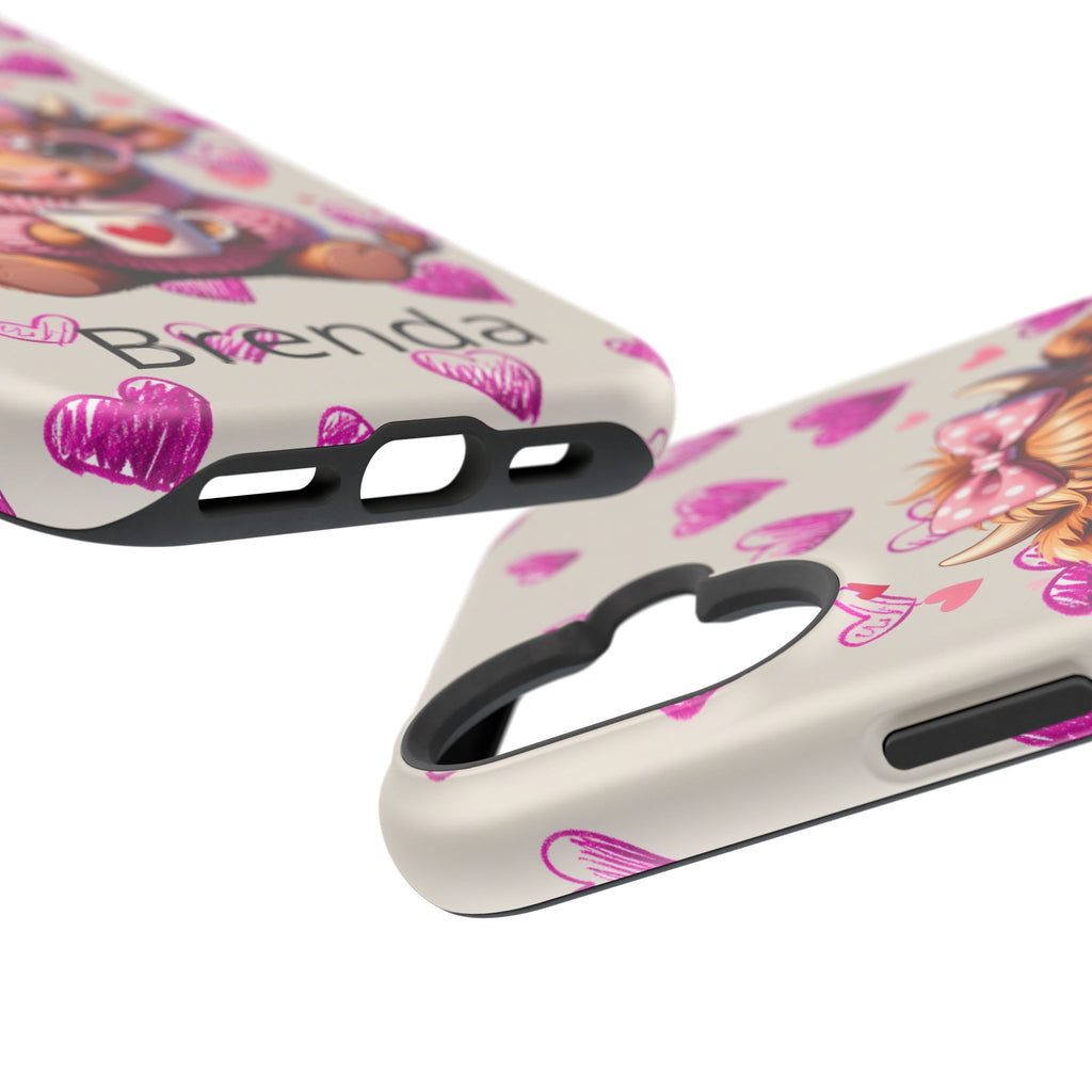 Highland Cow With Pink Hearts iPhone Case, Valentines Magnetic Impact-Resistant Case