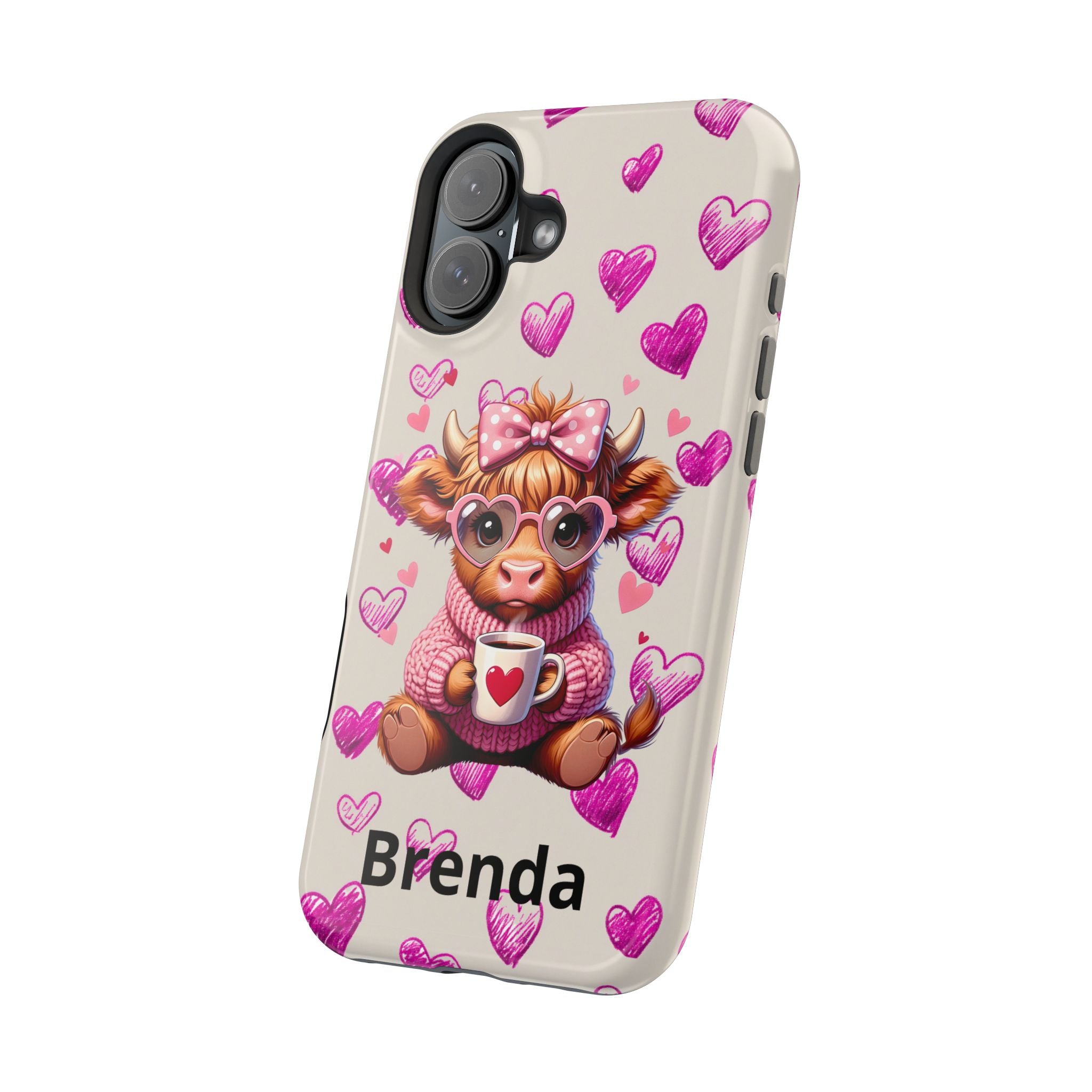 Highland Cow With Pink Hearts iPhone Case, Valentines Magnetic Impact-Resistant Case