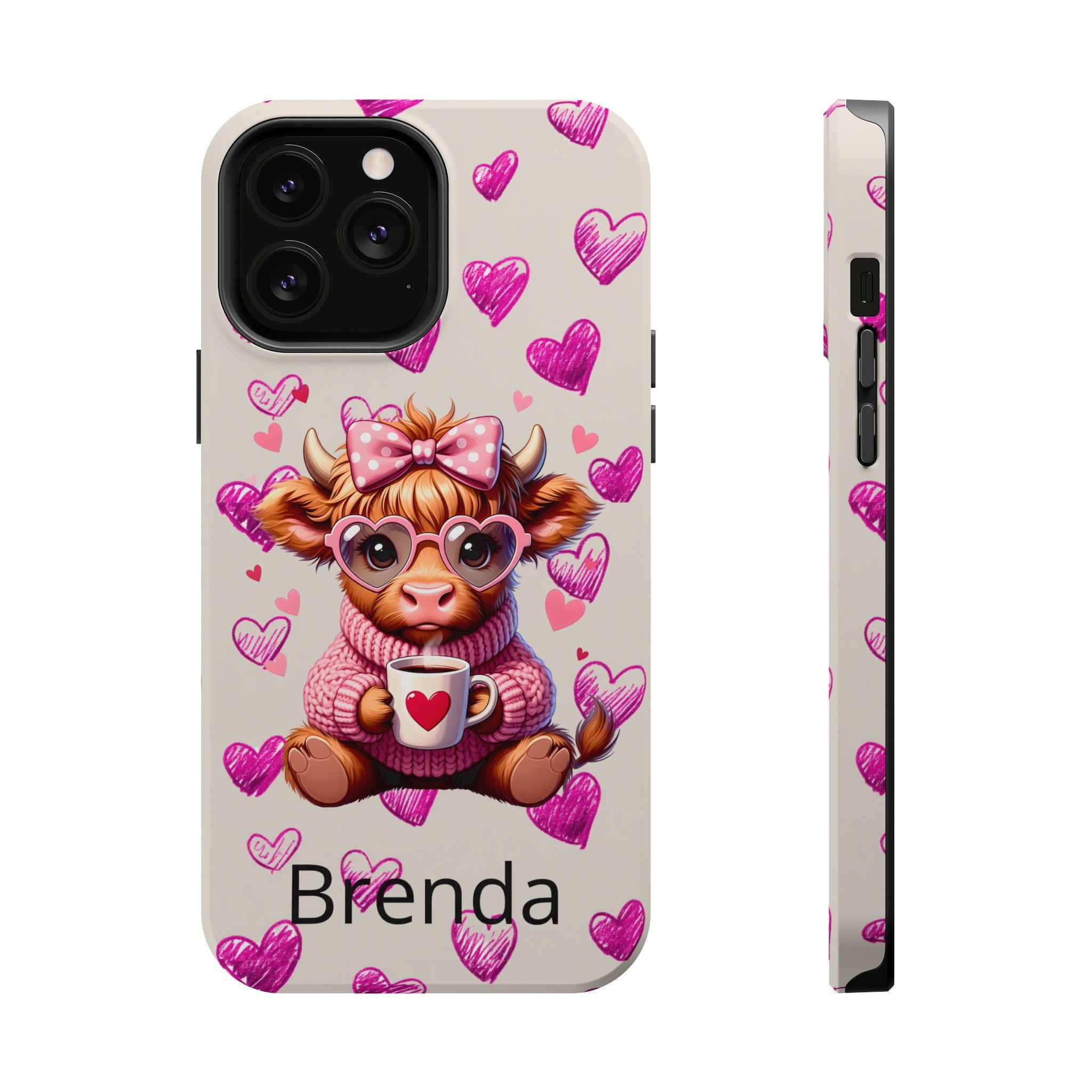 Highland Cow With Pink Hearts iPhone Case, Valentines Magnetic Impact-Resistant Case