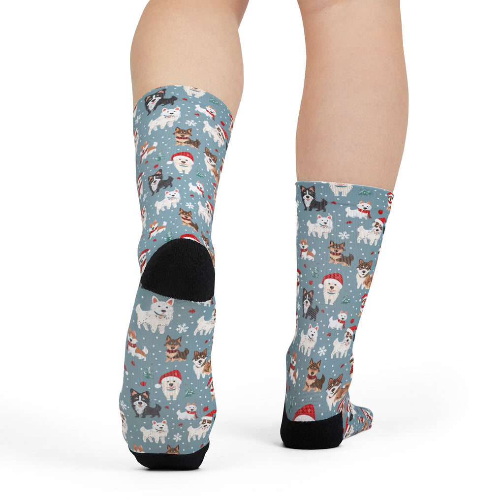 Christmas Dog Pattern Crew Socks — Holiday Huskies & Santa Pups Sublimation Socks