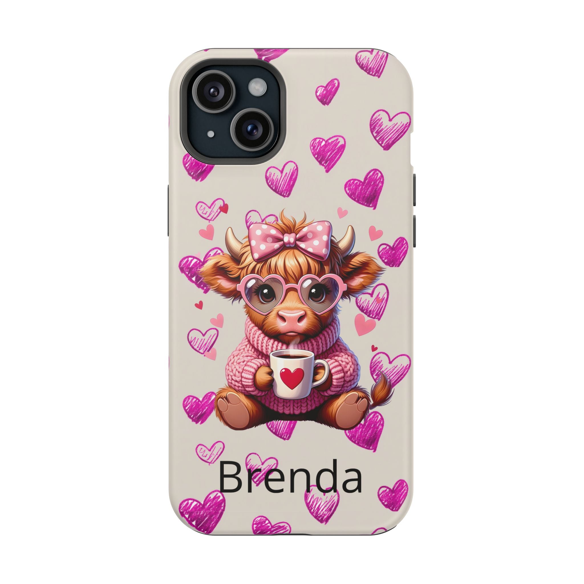 Highland Cow With Pink Hearts iPhone Case, Valentines Magnetic Impact-Resistant Case