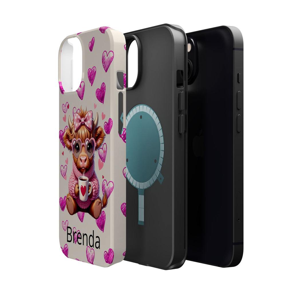 Highland Cow With Pink Hearts iPhone Case, Valentines Magnetic Impact-Resistant Case