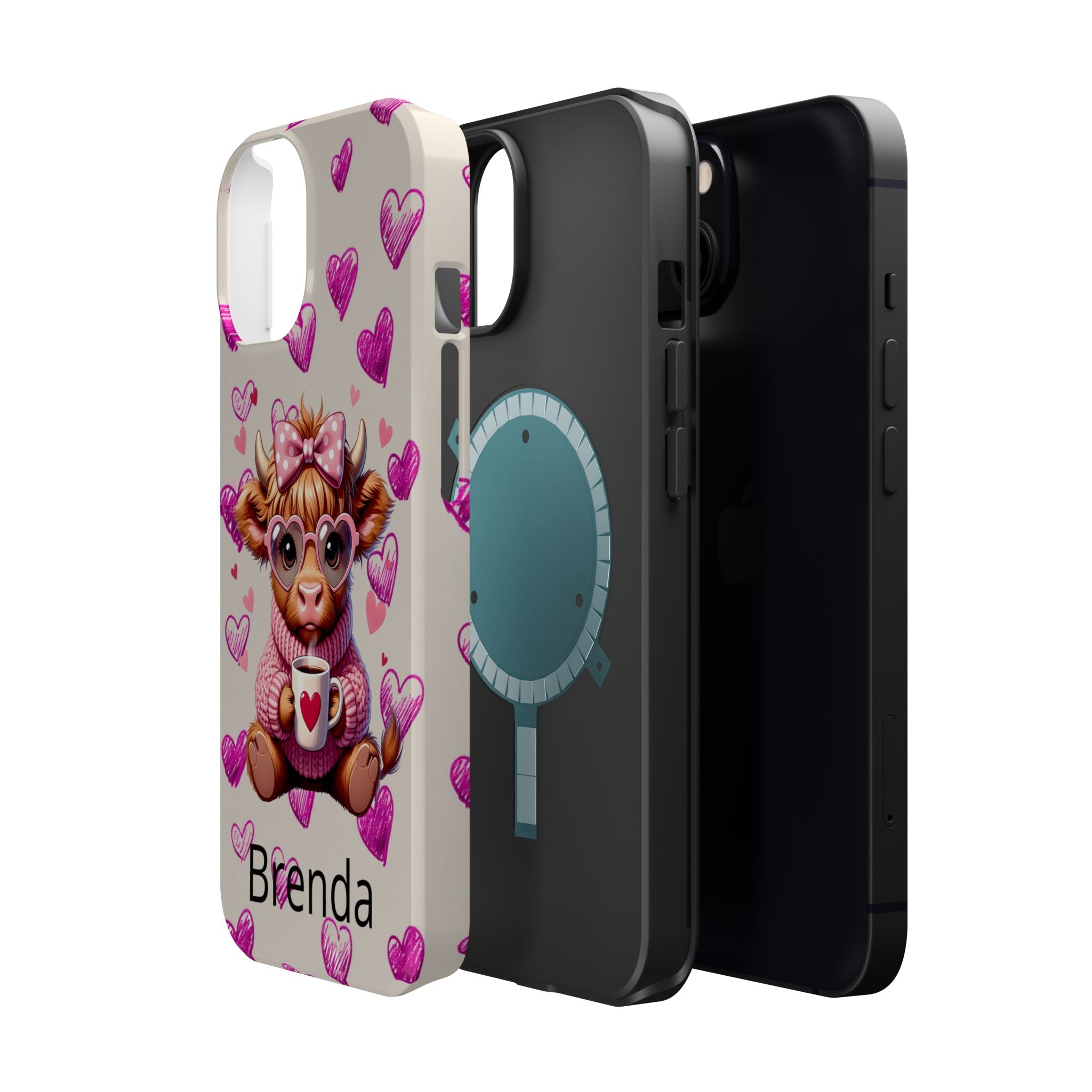 Highland Cow With Pink Hearts iPhone Case, Valentines Magnetic Impact-Resistant Case