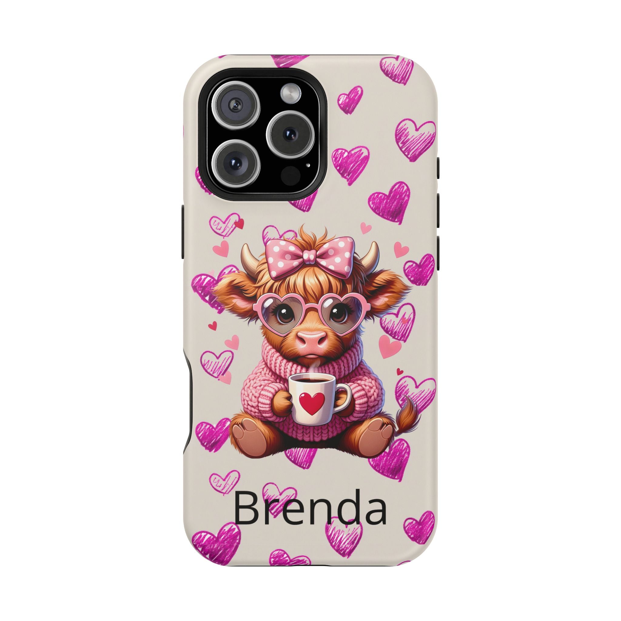 Highland Cow With Pink Hearts iPhone Case, Valentines Magnetic Impact-Resistant Case