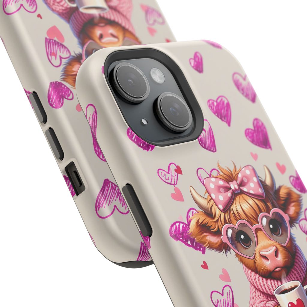 Highland Cow With Pink Hearts iPhone Case, Valentines Magnetic Impact-Resistant Case