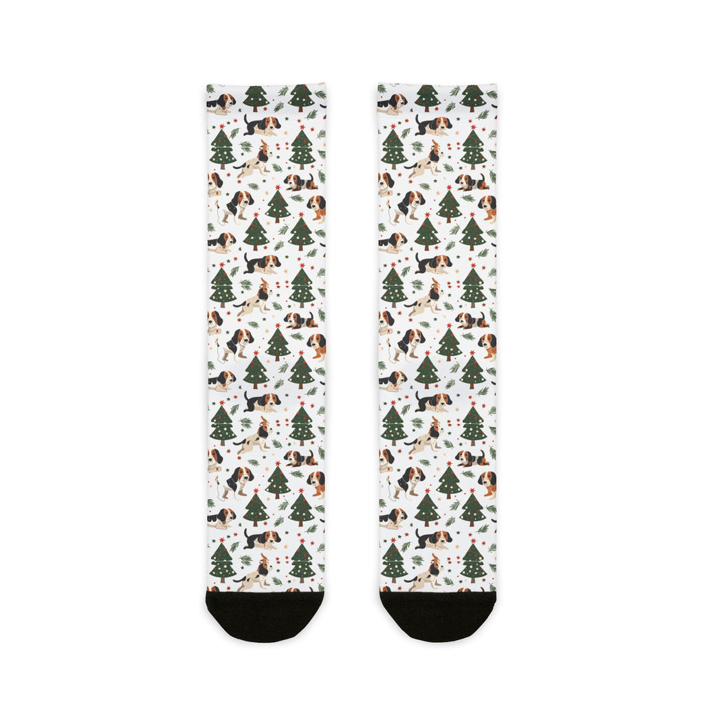Christmas Woodland Dogs Crew Socks — Cute Holiday Trees & Beagles Sublimation Socks