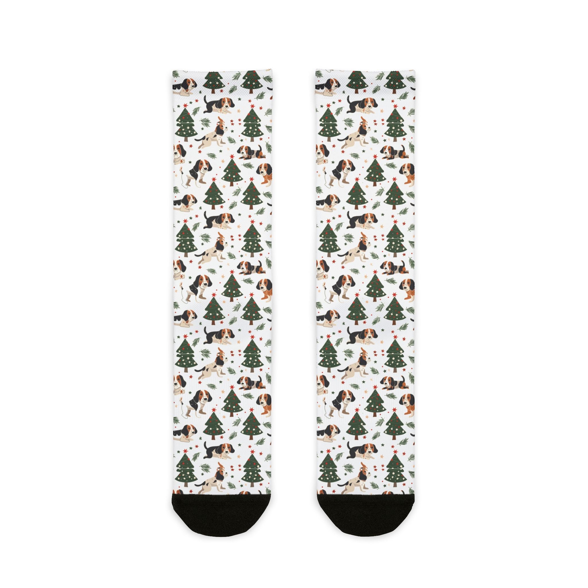 Christmas Woodland Dogs Crew Socks — Cute Holiday Trees & Beagles Sublimation Socks