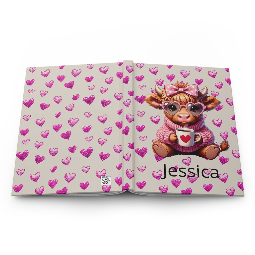 Personalized Highland Cow with Hearts Hardcover Journal, Custom Valentines Diary Notebook